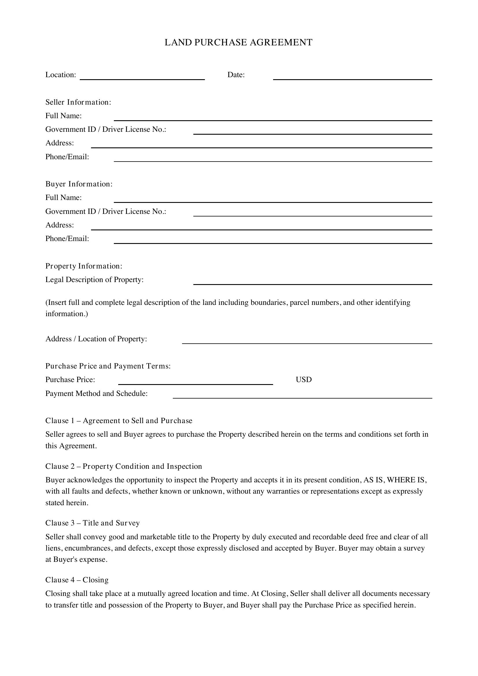 Land Purchase Agreement Template