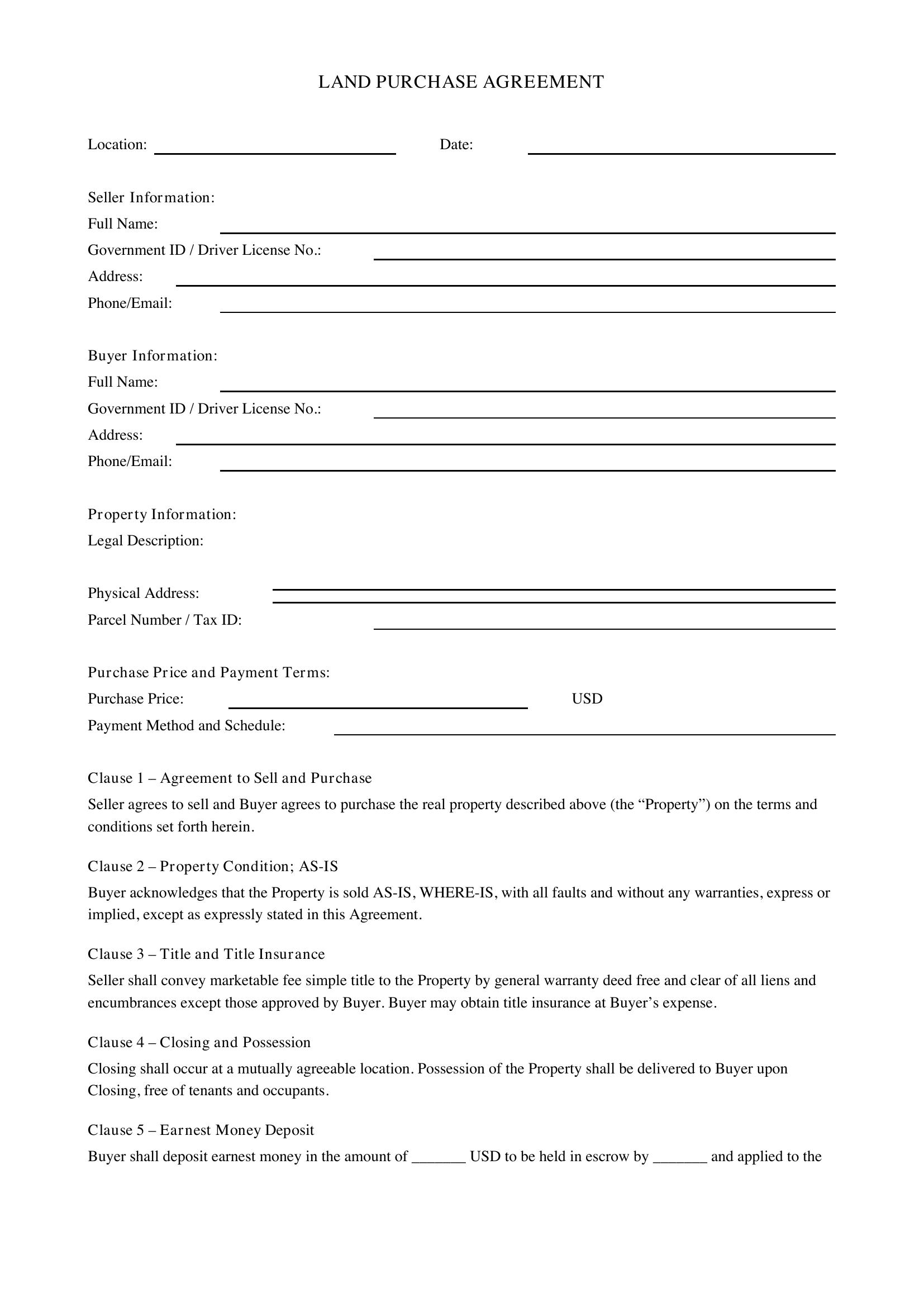 Land Purchase Contract Template