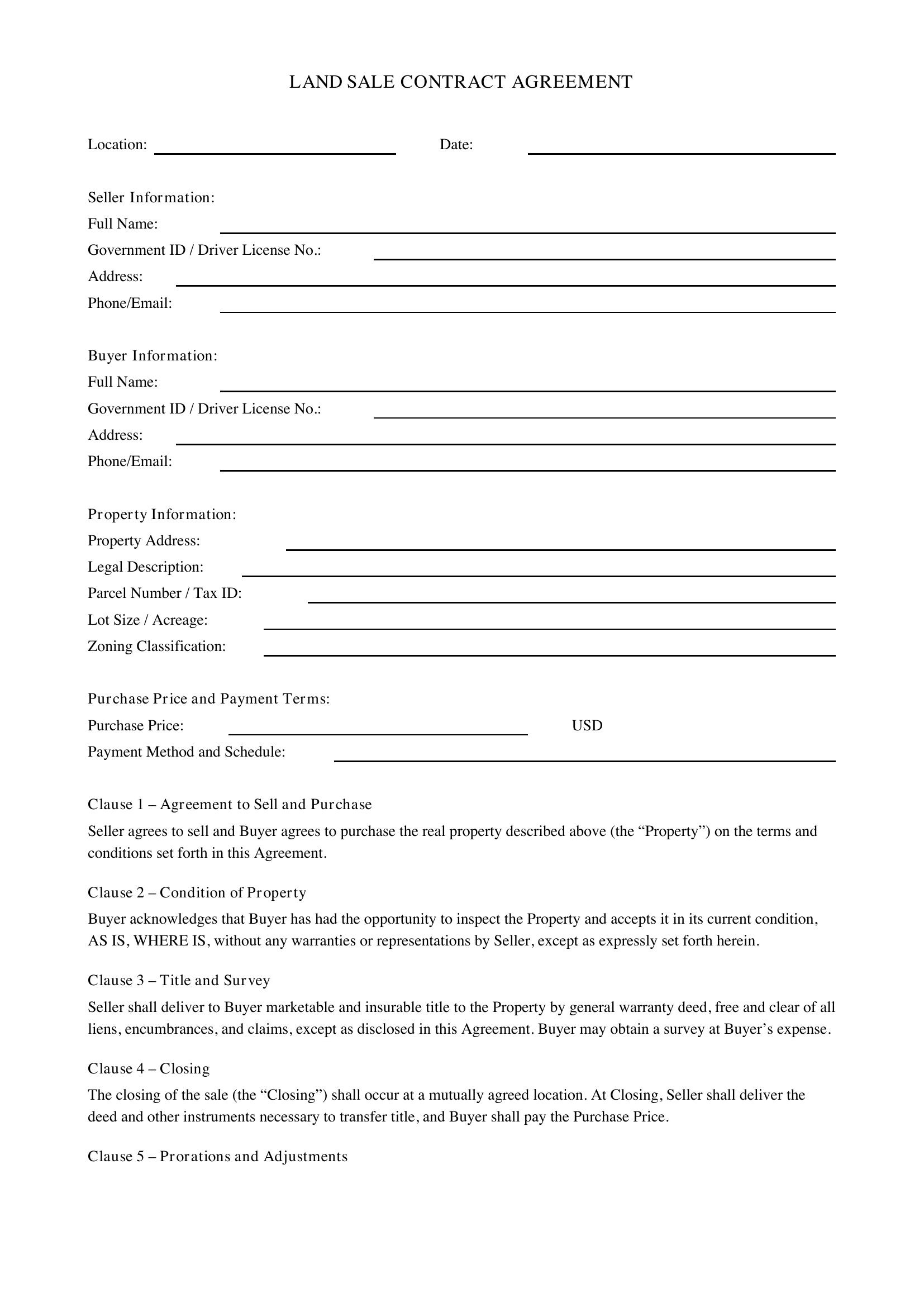 Land Sale Contract Template