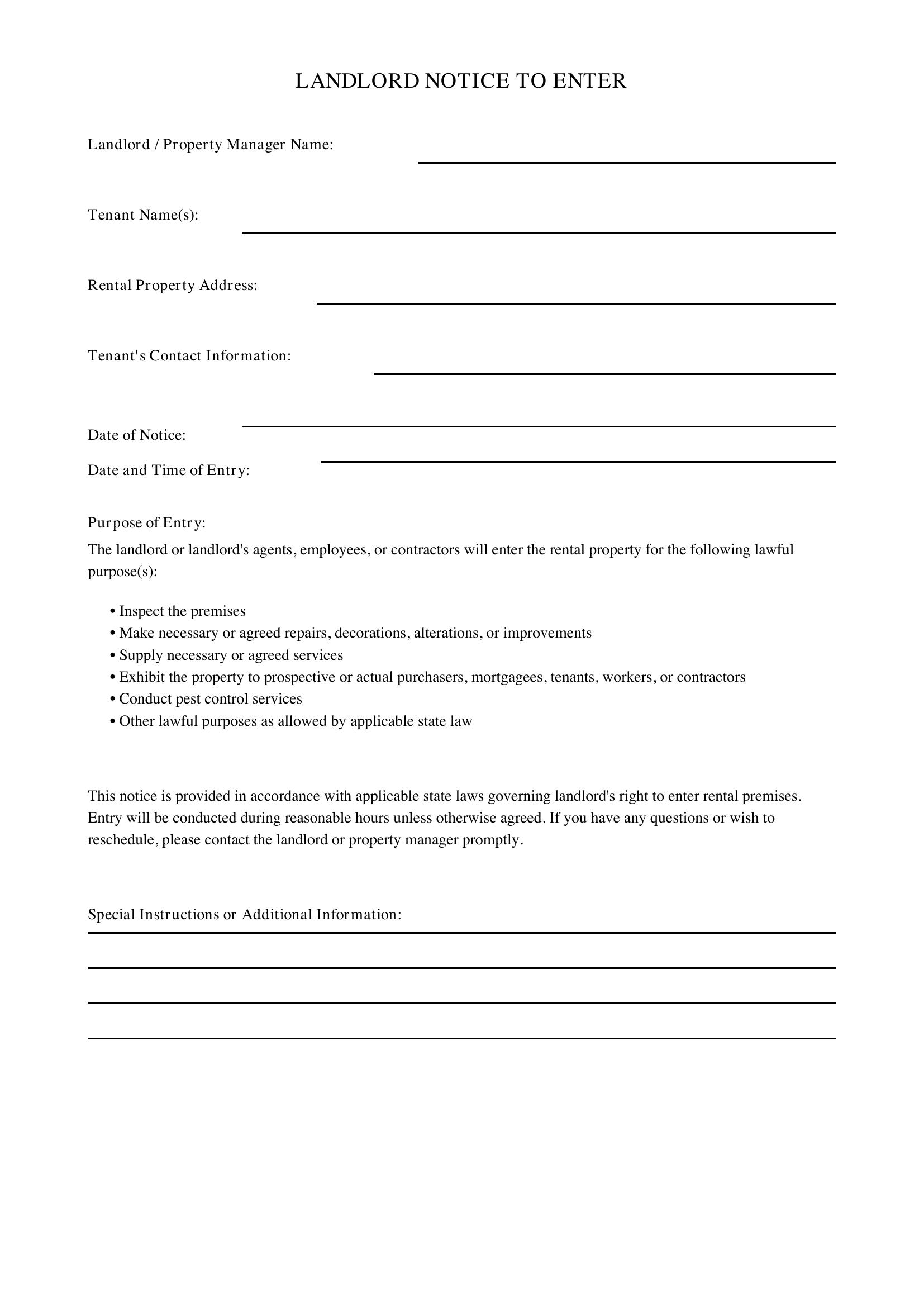 Landlord Notice To Enter Template