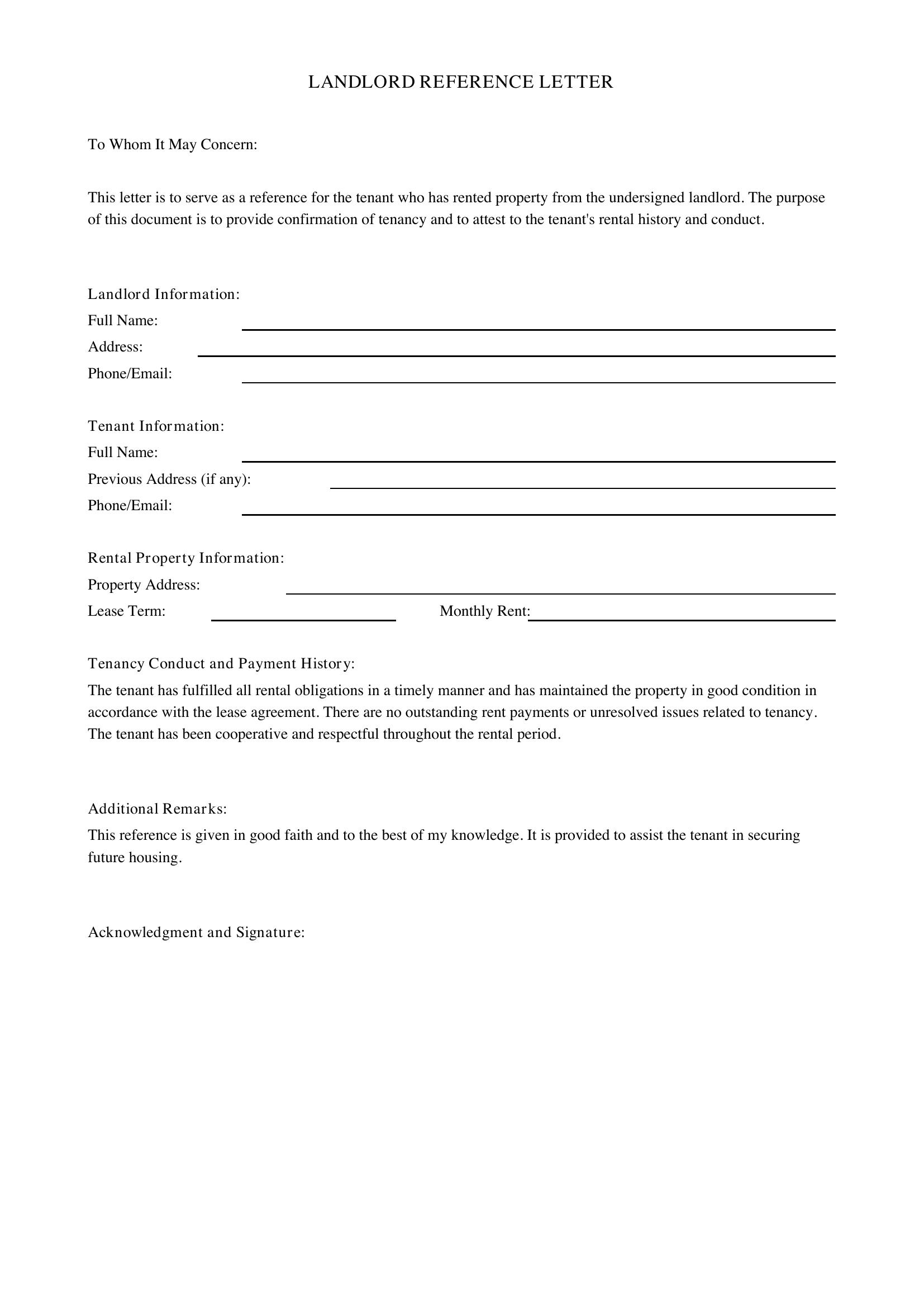Landlord Reference Letter Template