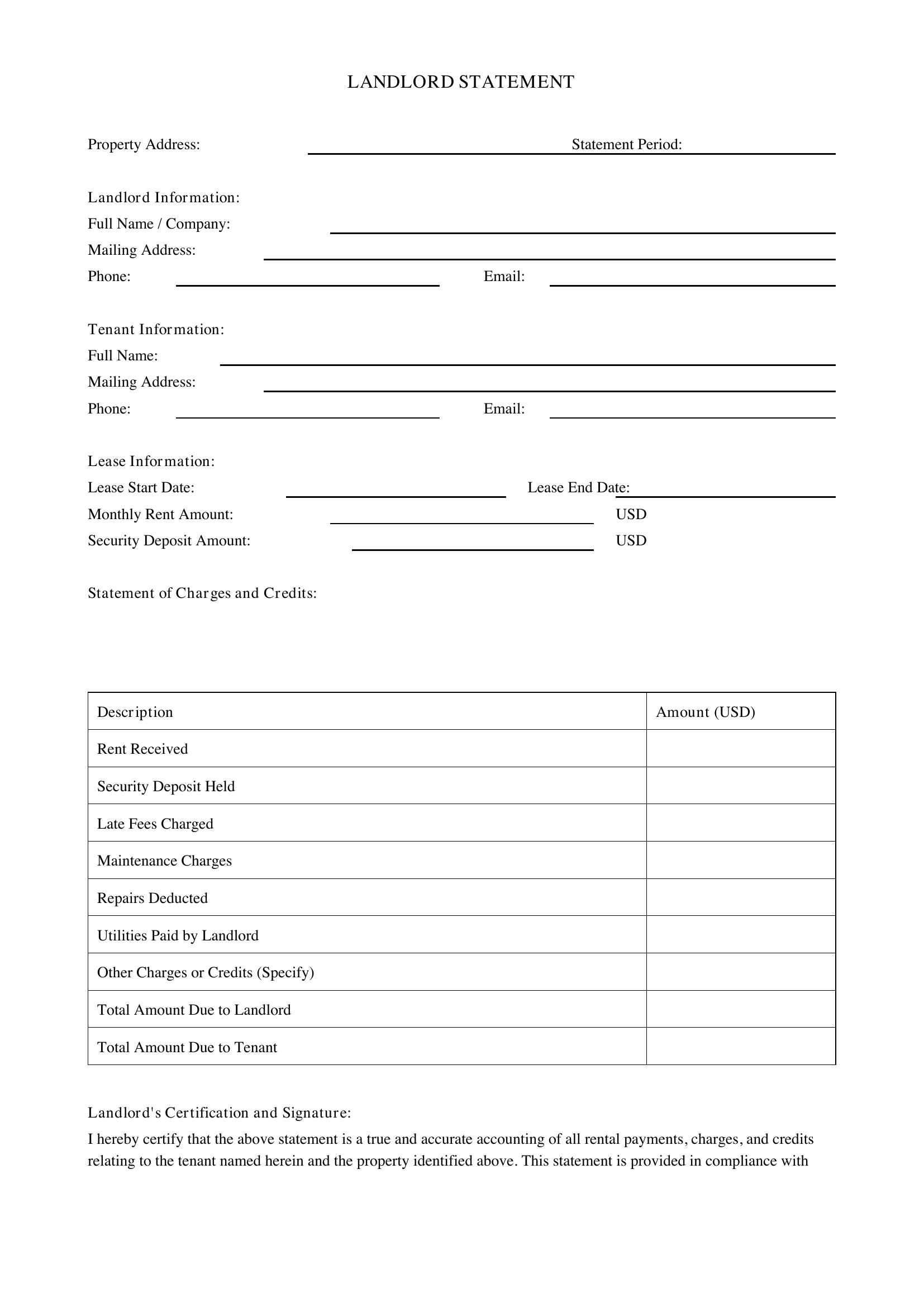 Landlord Statement Template
