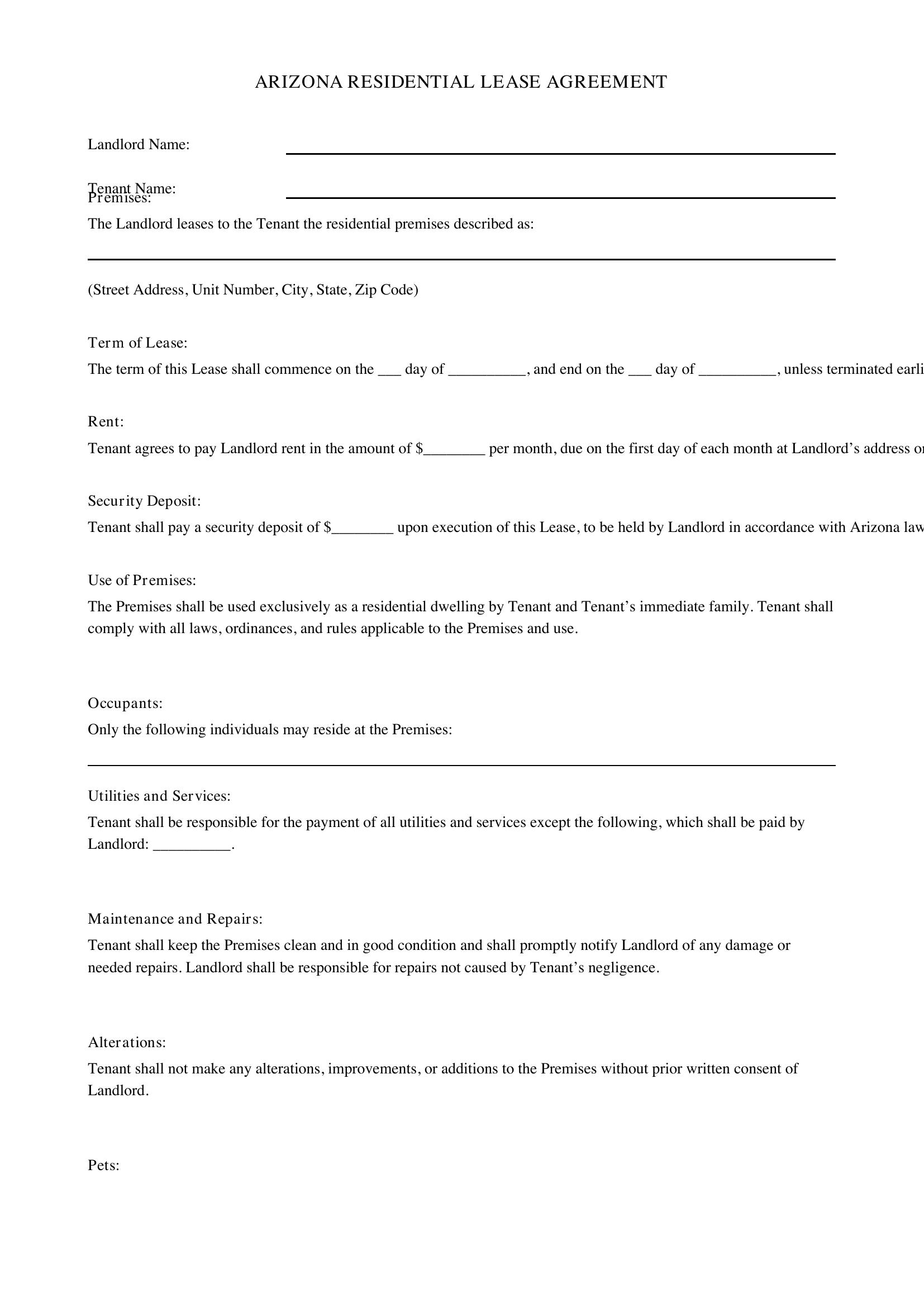 Lease Agreement Template Arizona