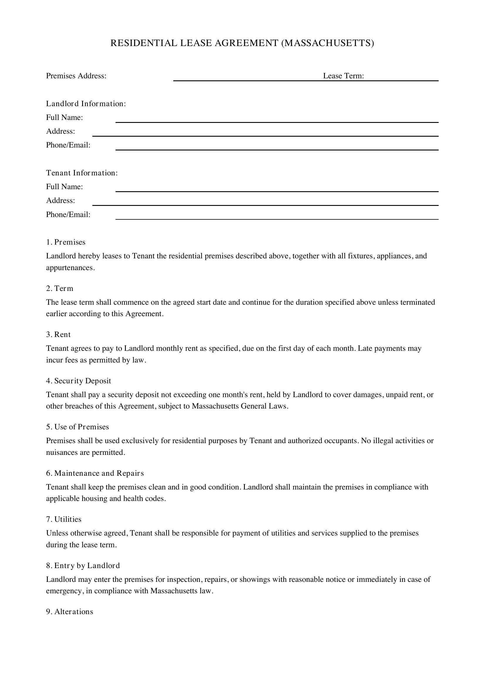 Lease Agreement Template Massachusetts