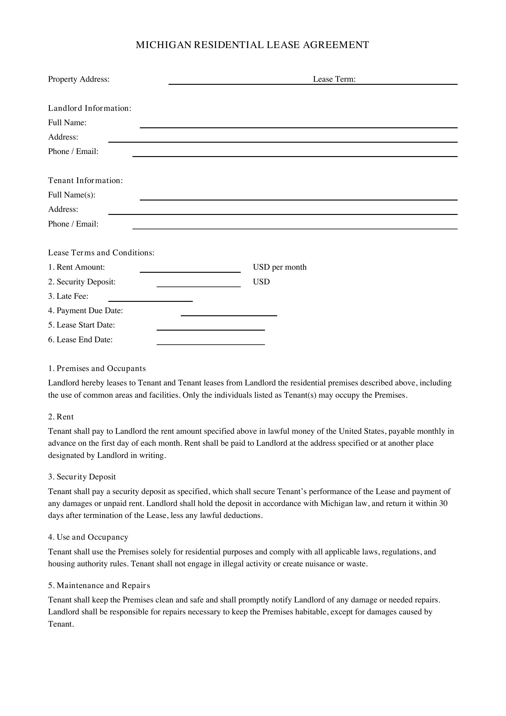 Lease Agreement Template Michigan
