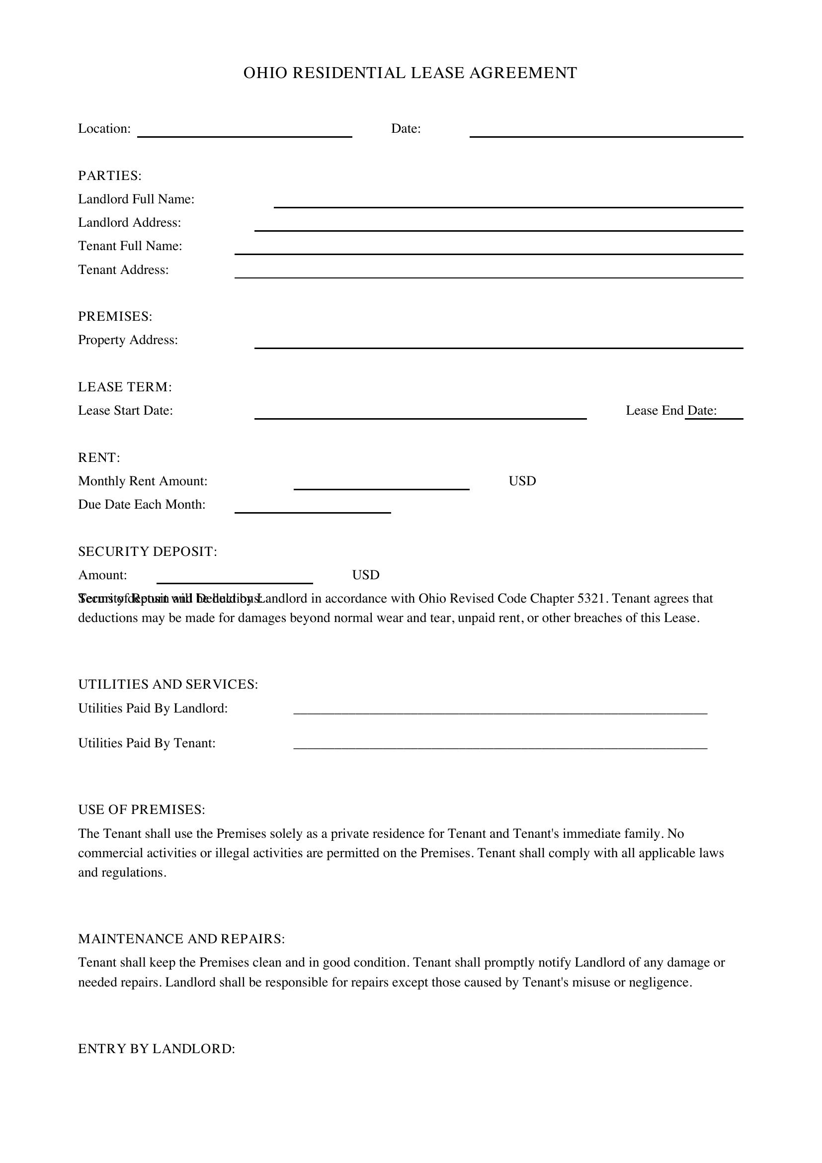 Lease Agreement Template Ohio