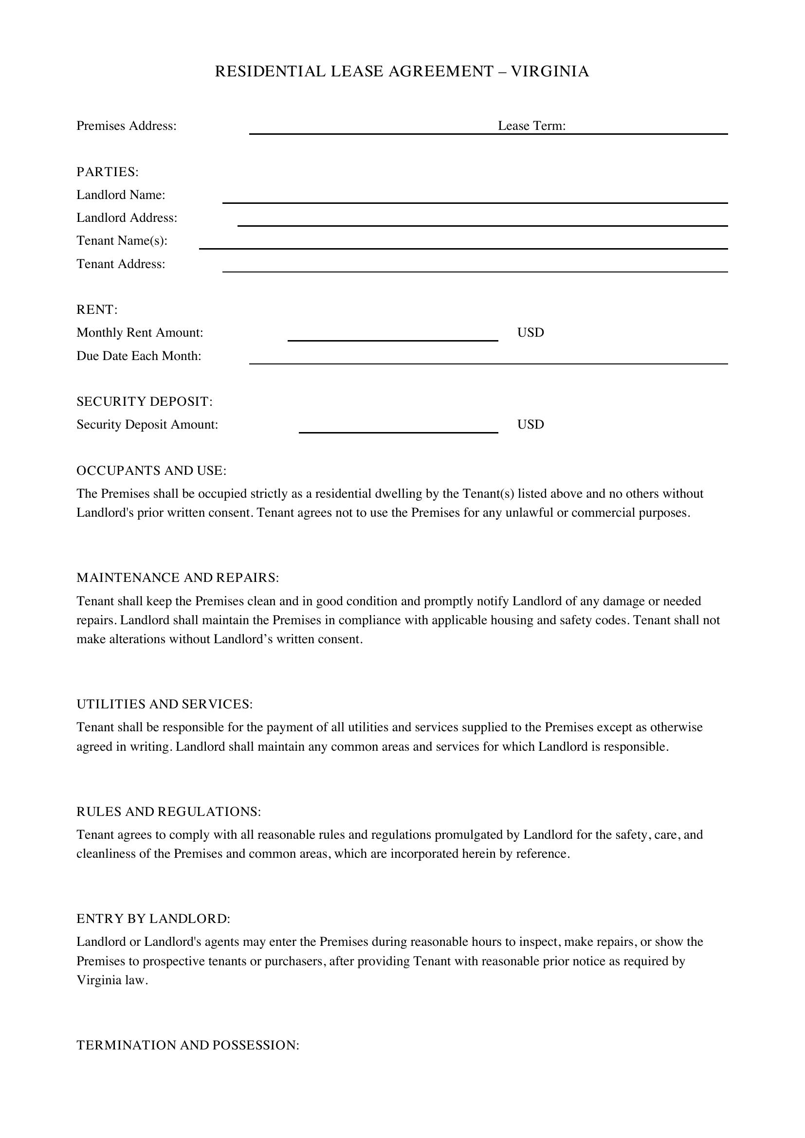 Lease Agreement Template Virginia