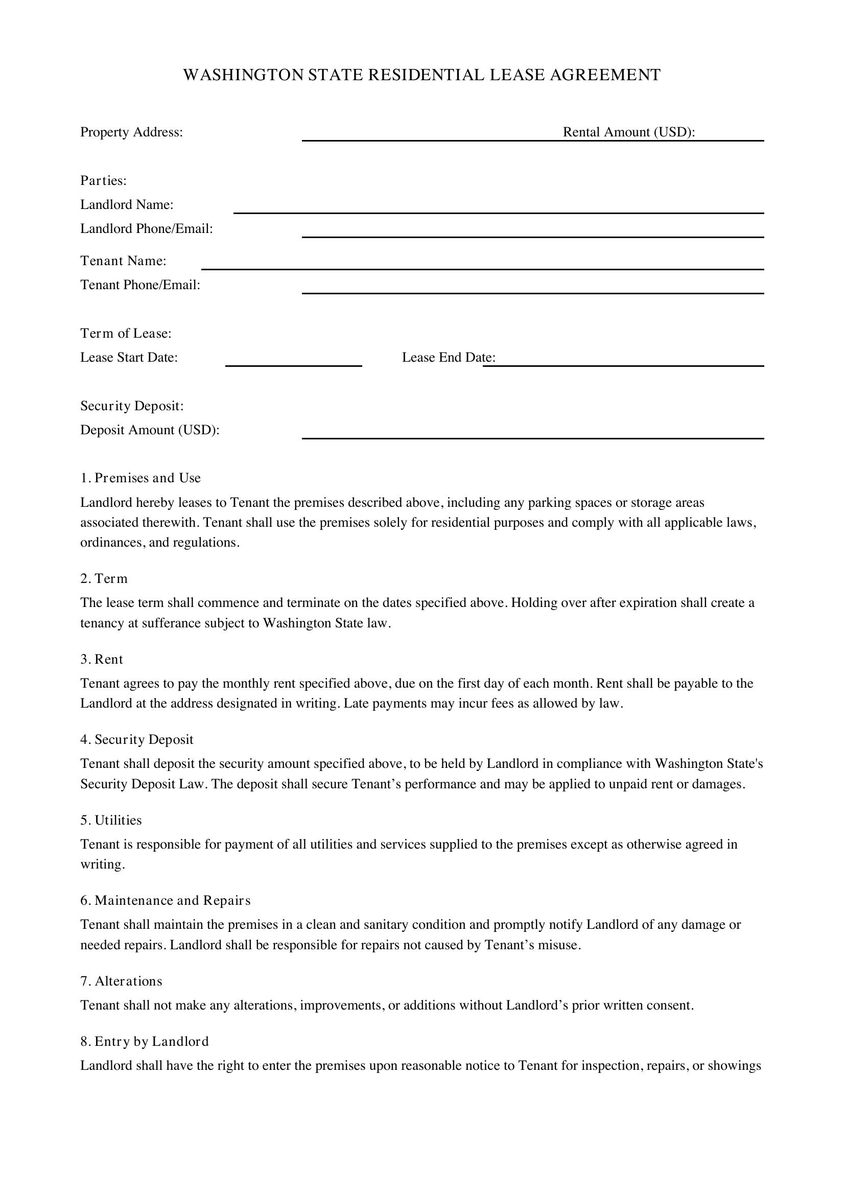 Lease Agreement Template Washington State