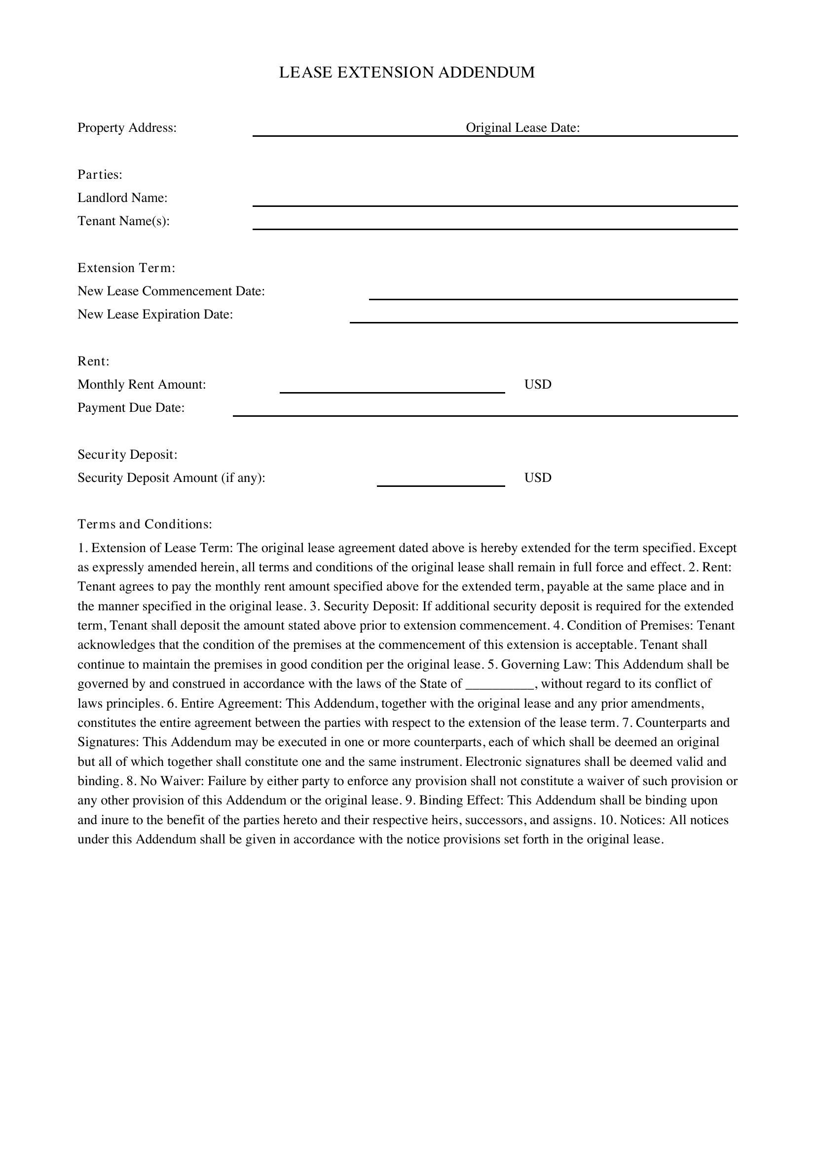 Lease Extension Addendum Template