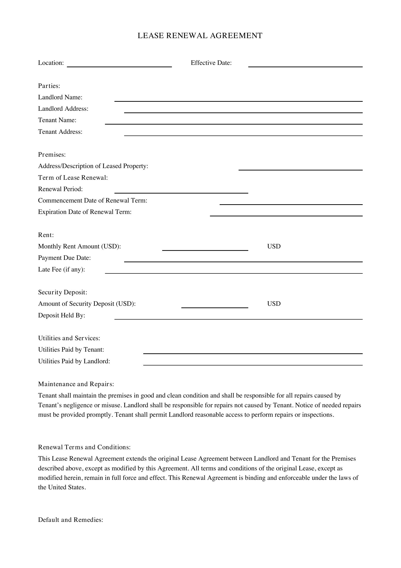 Lease Renewal Agreement Template