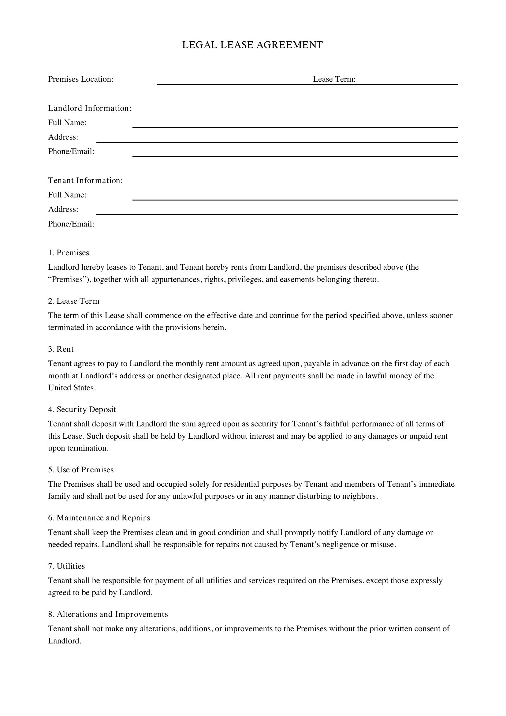 Legal Lease Agreement Template