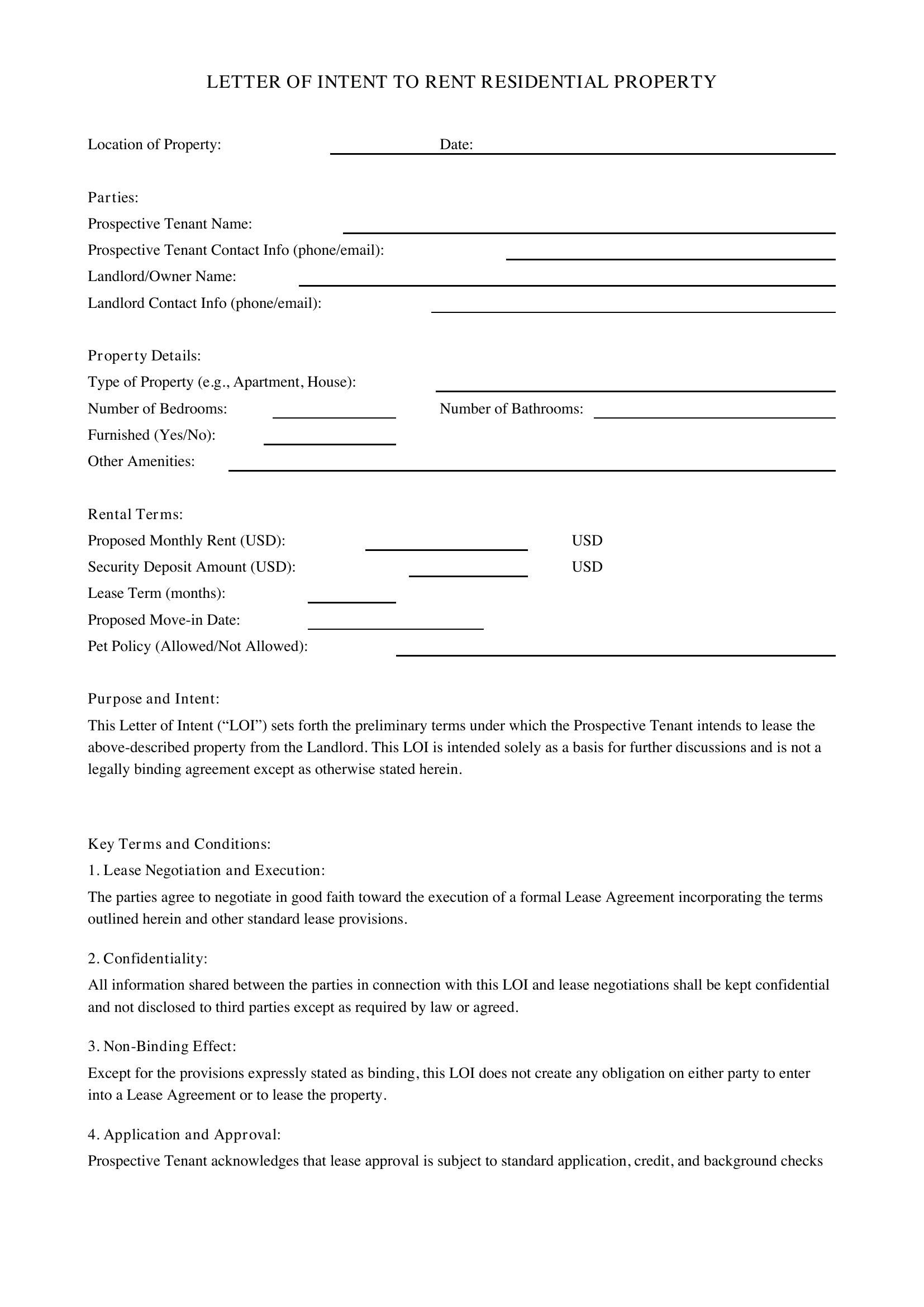 Letter Of Intent Rental Template