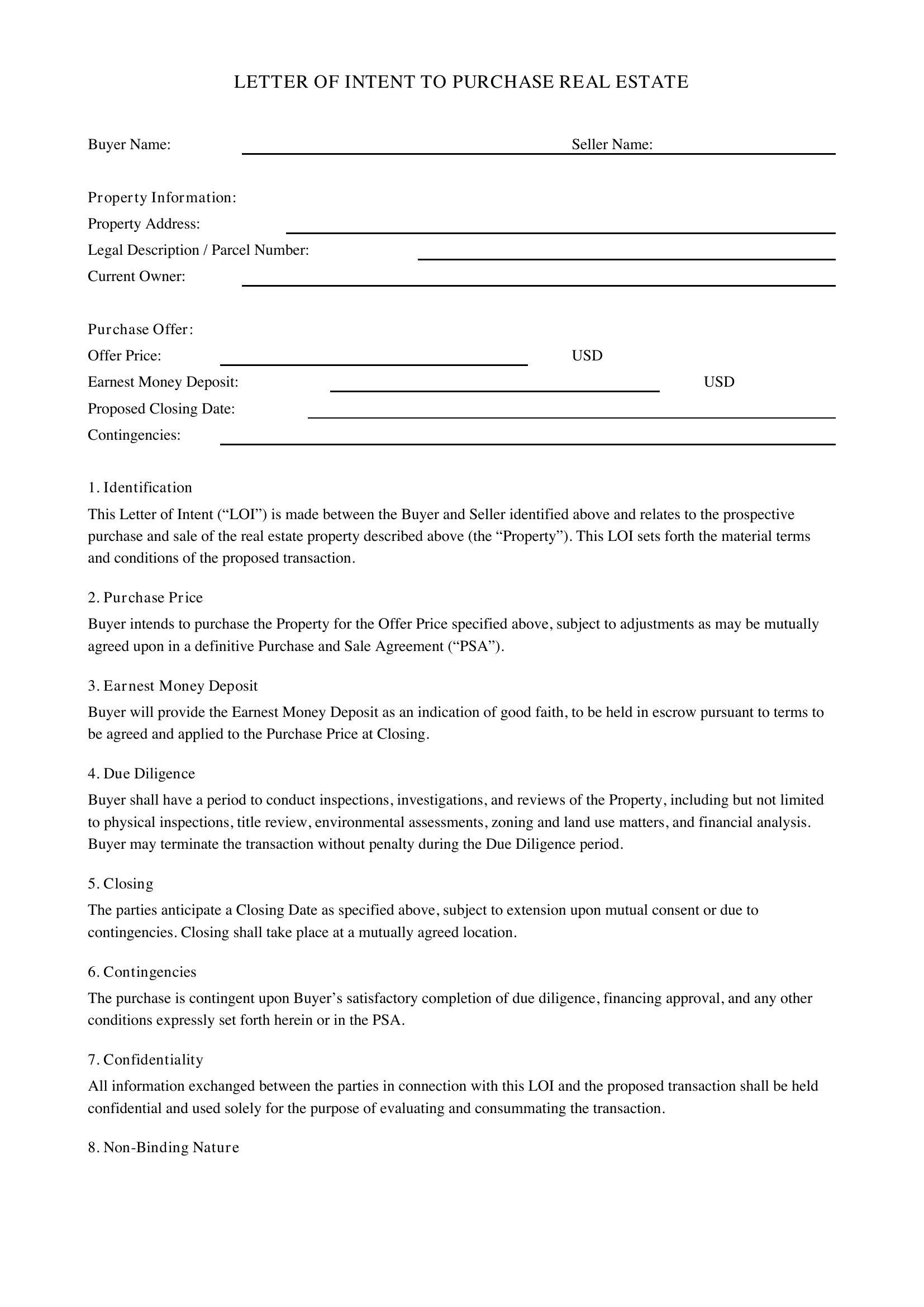 Letter Of Intent To Purchase Real Estate Template