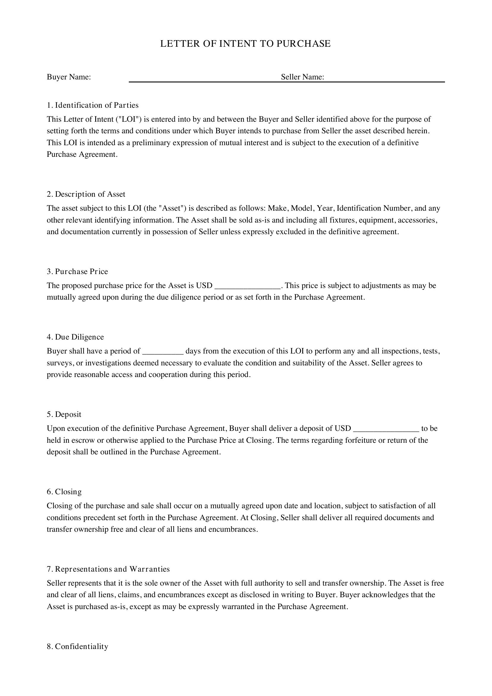 Letter Of Intent To Purchase Template