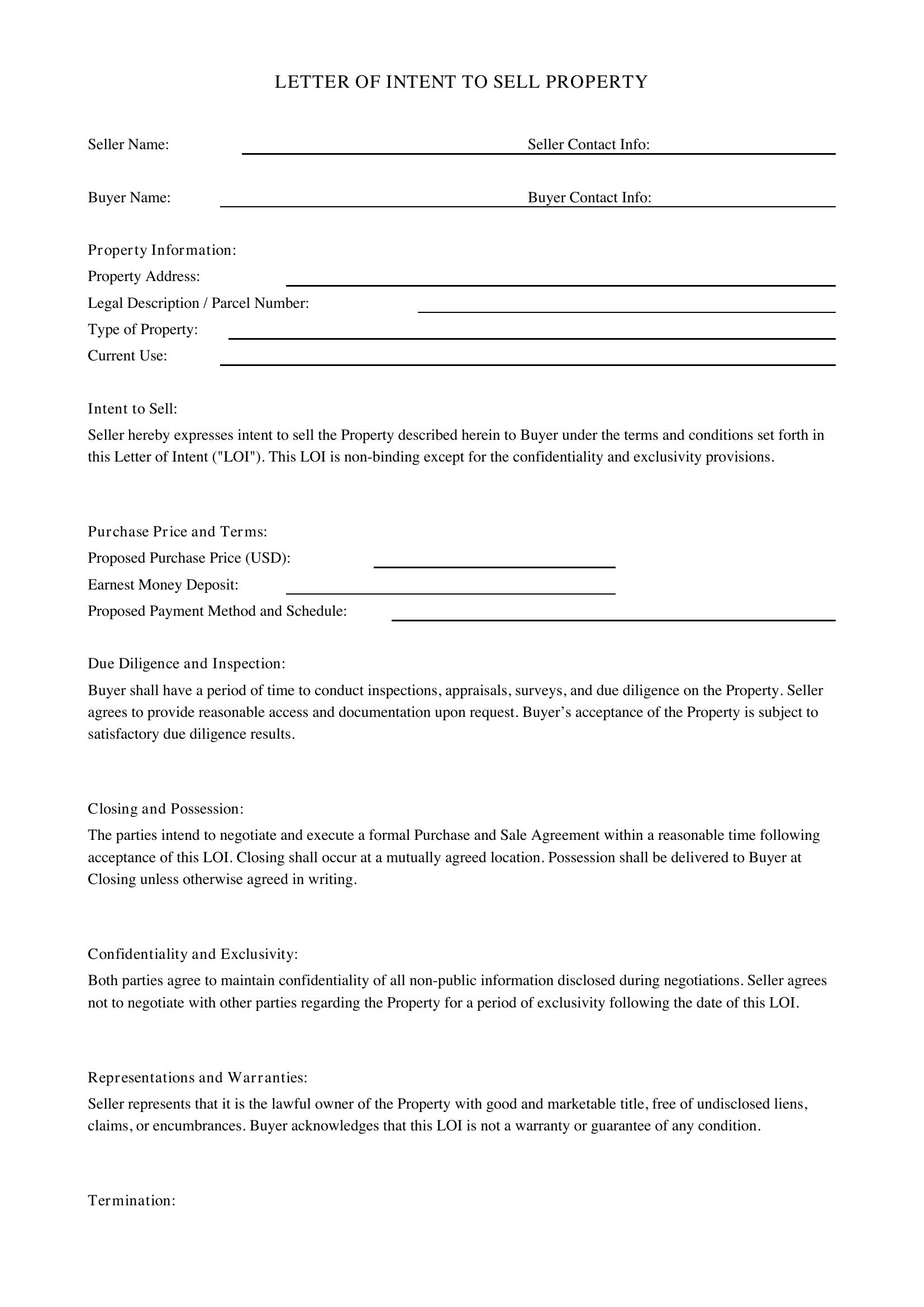 Letter Of Intent To Sell Property Template