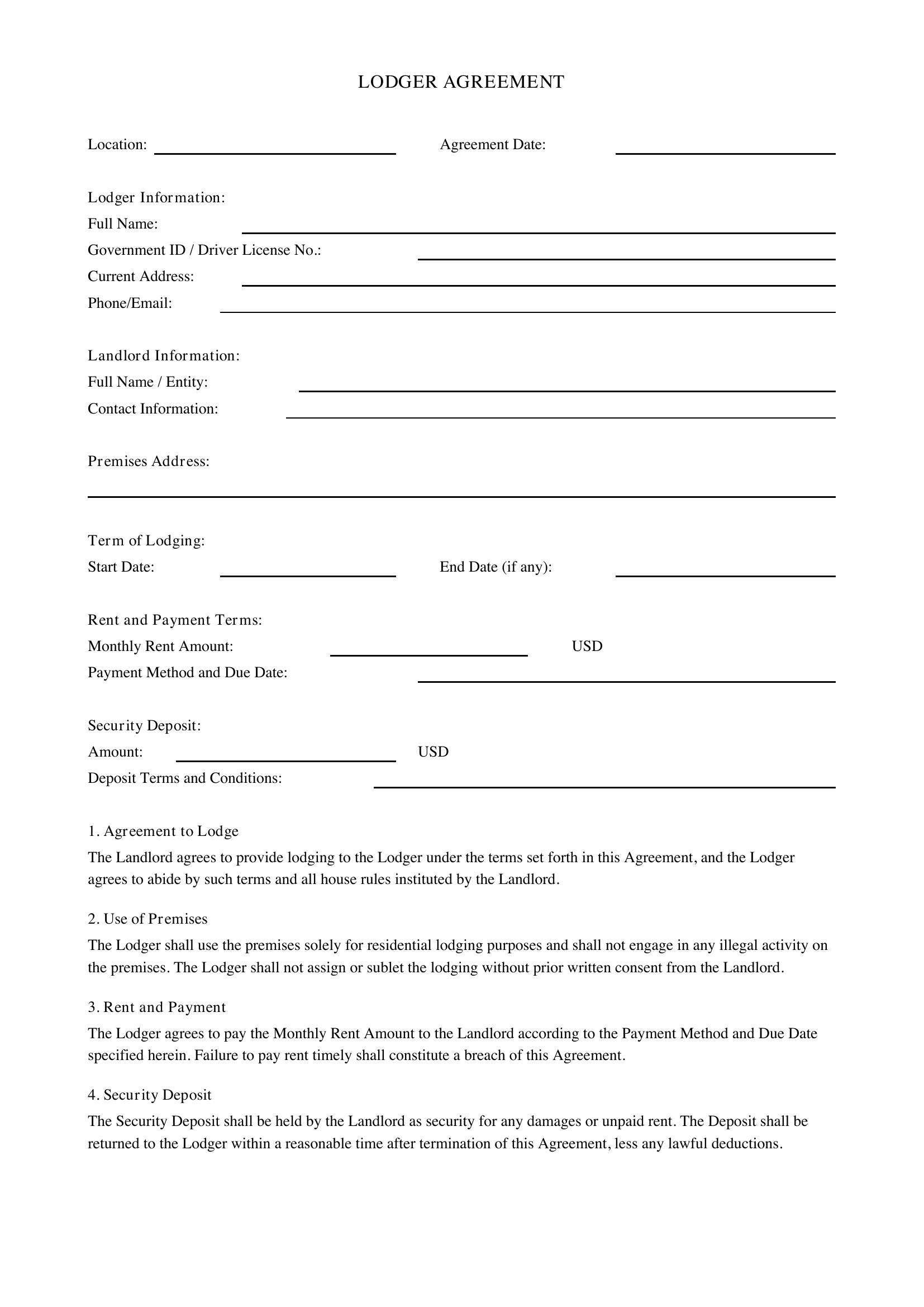 Lodger Agreement Template