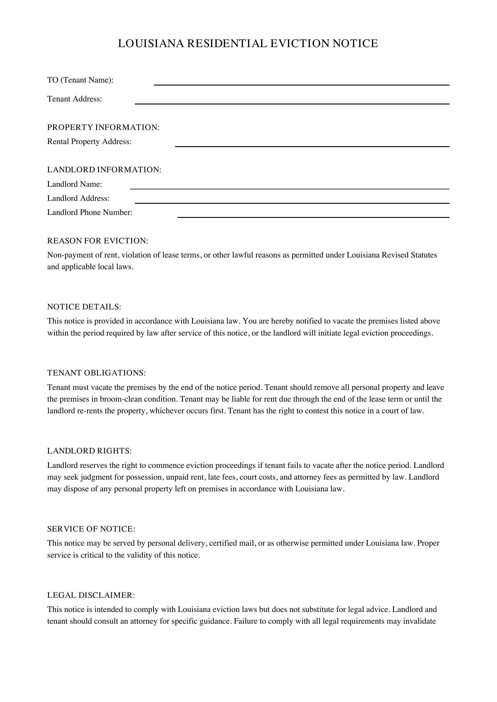 Louisiana Eviction Notice Template
