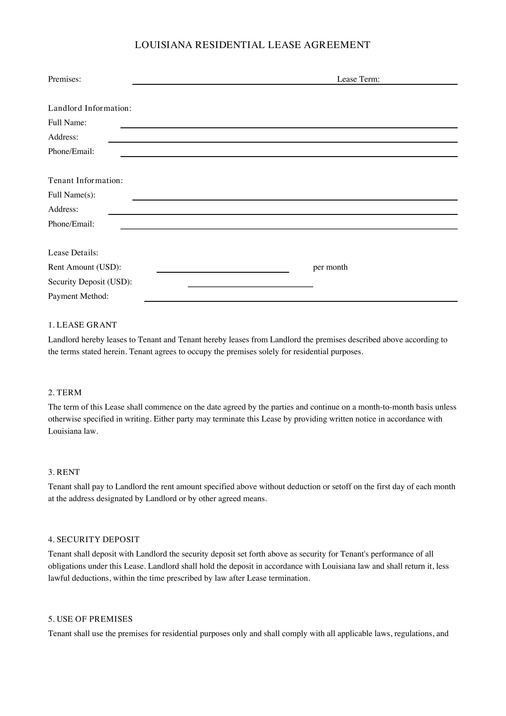 Louisiana Lease Agreement Template