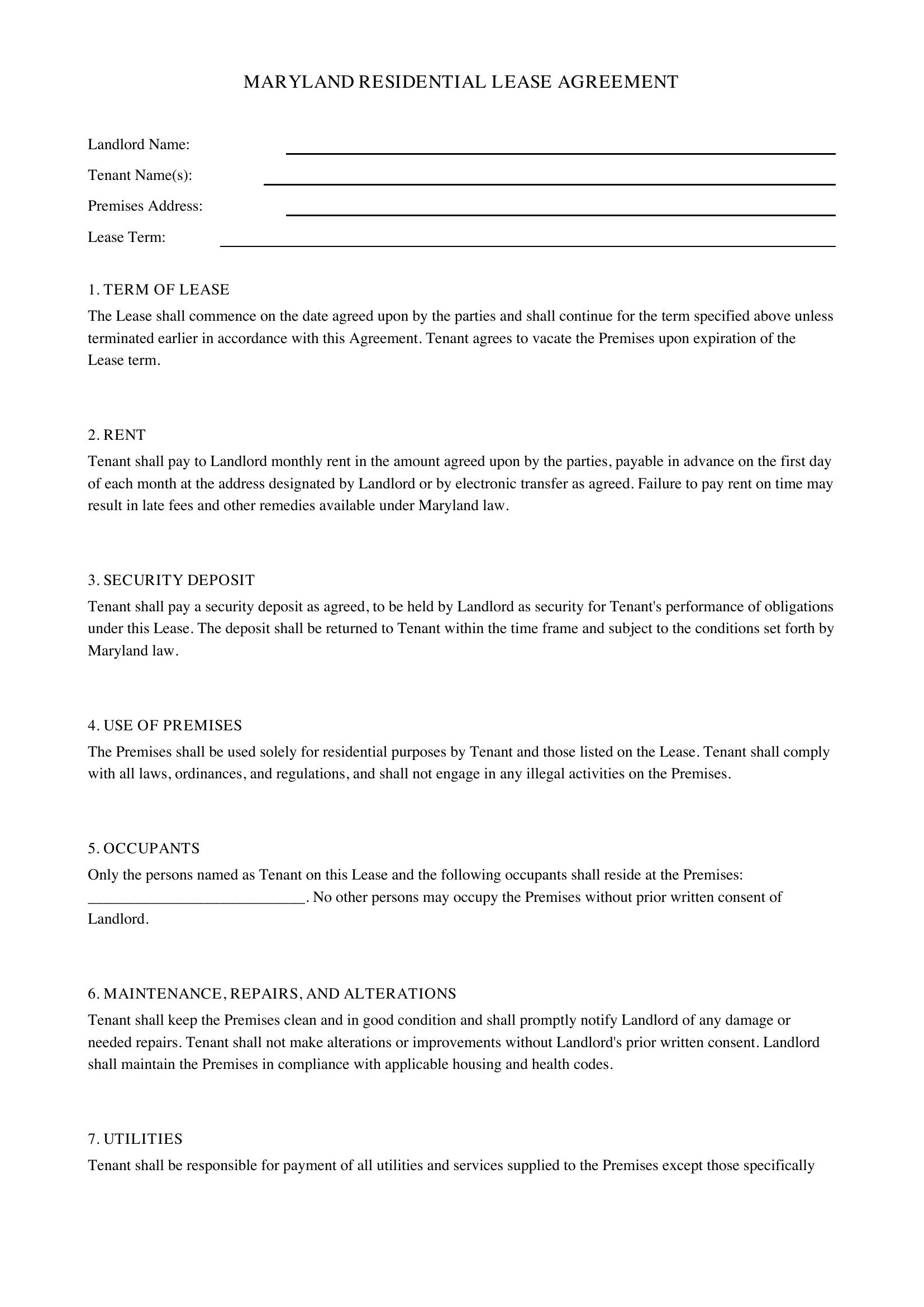 Maryland Residential Lease Agreement Template