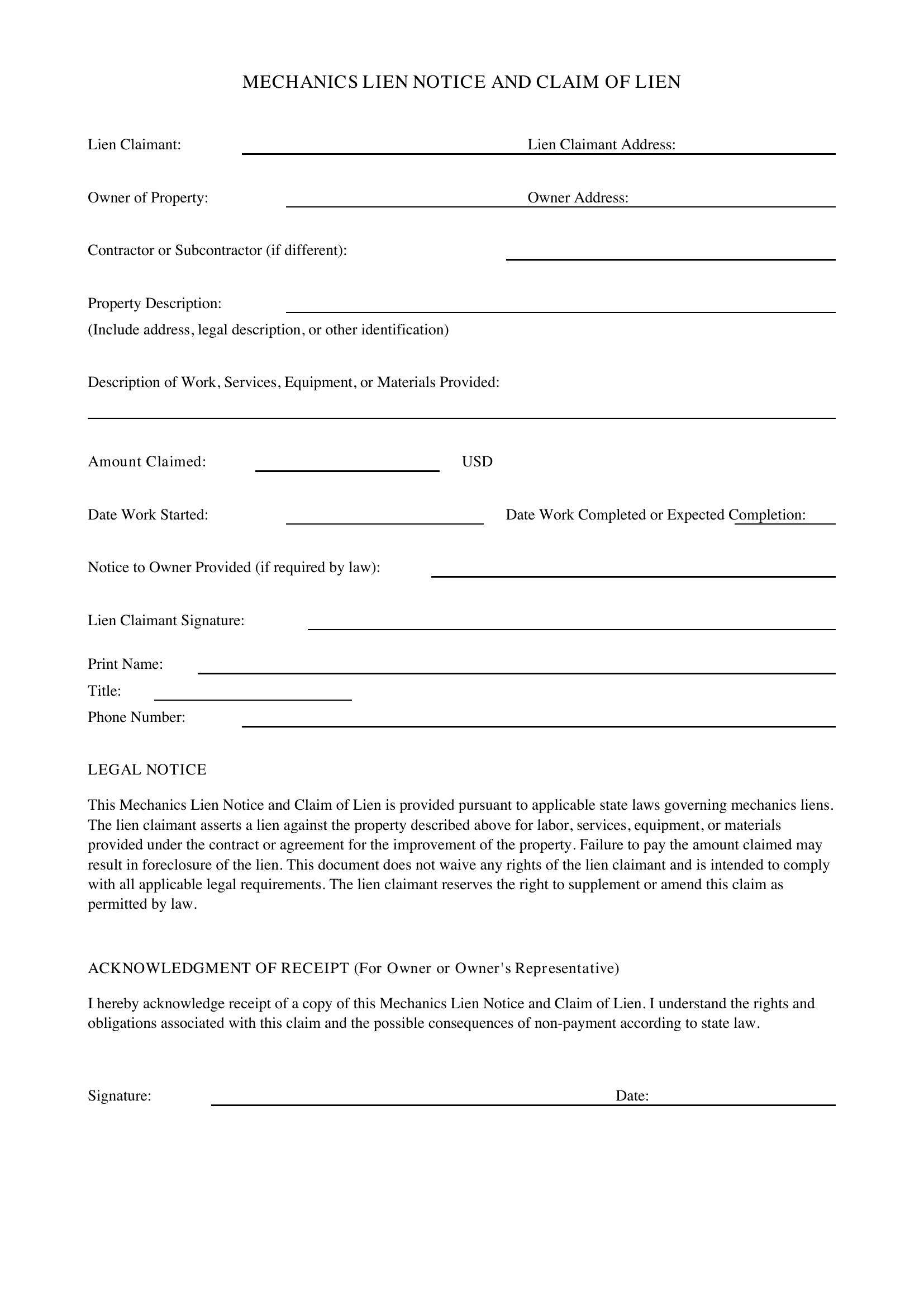 Mechanics Lien Template