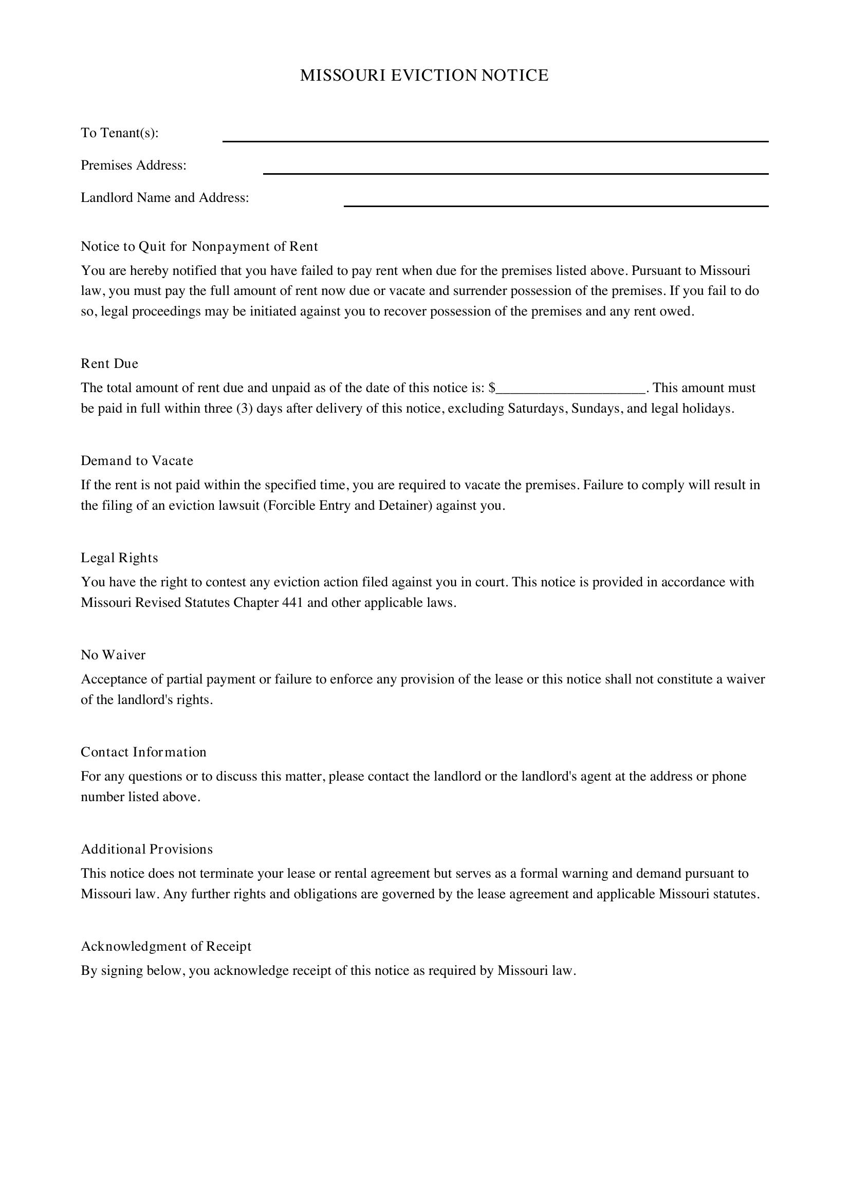 Missouri Eviction Notice Template