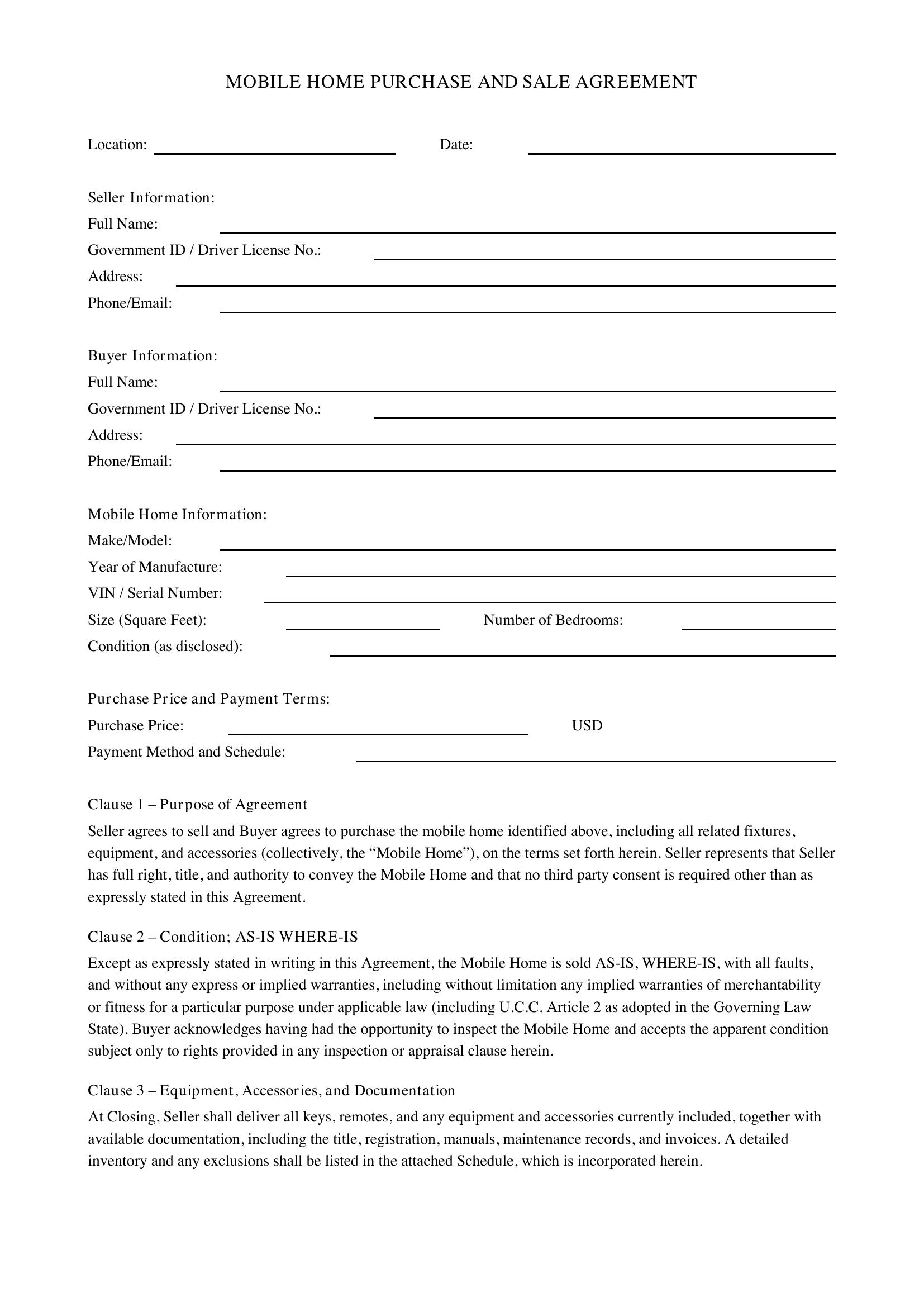 Mobile Home Purchase Agreement Template