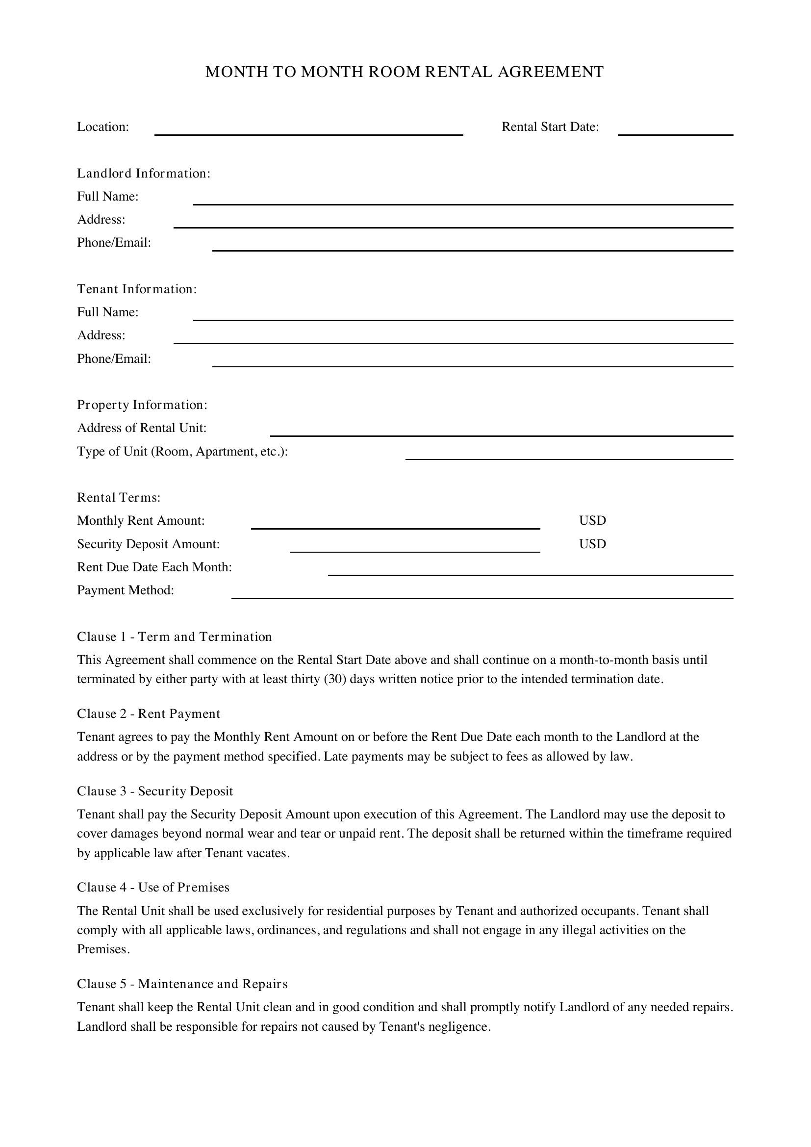 Month To Month Room Rental Agreement Template