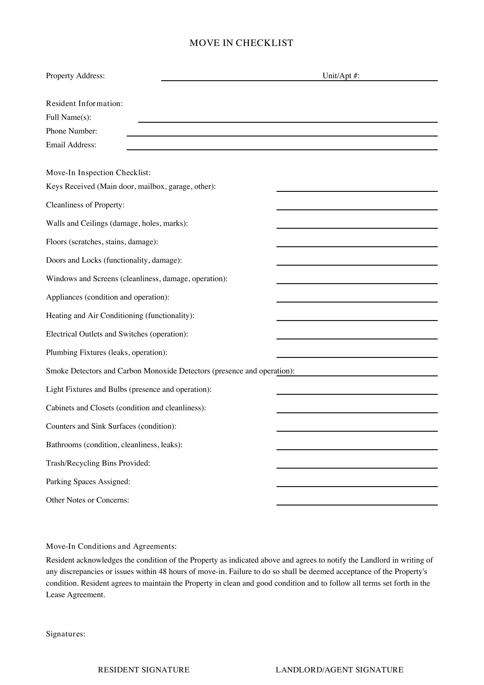 Move In Checklist Template