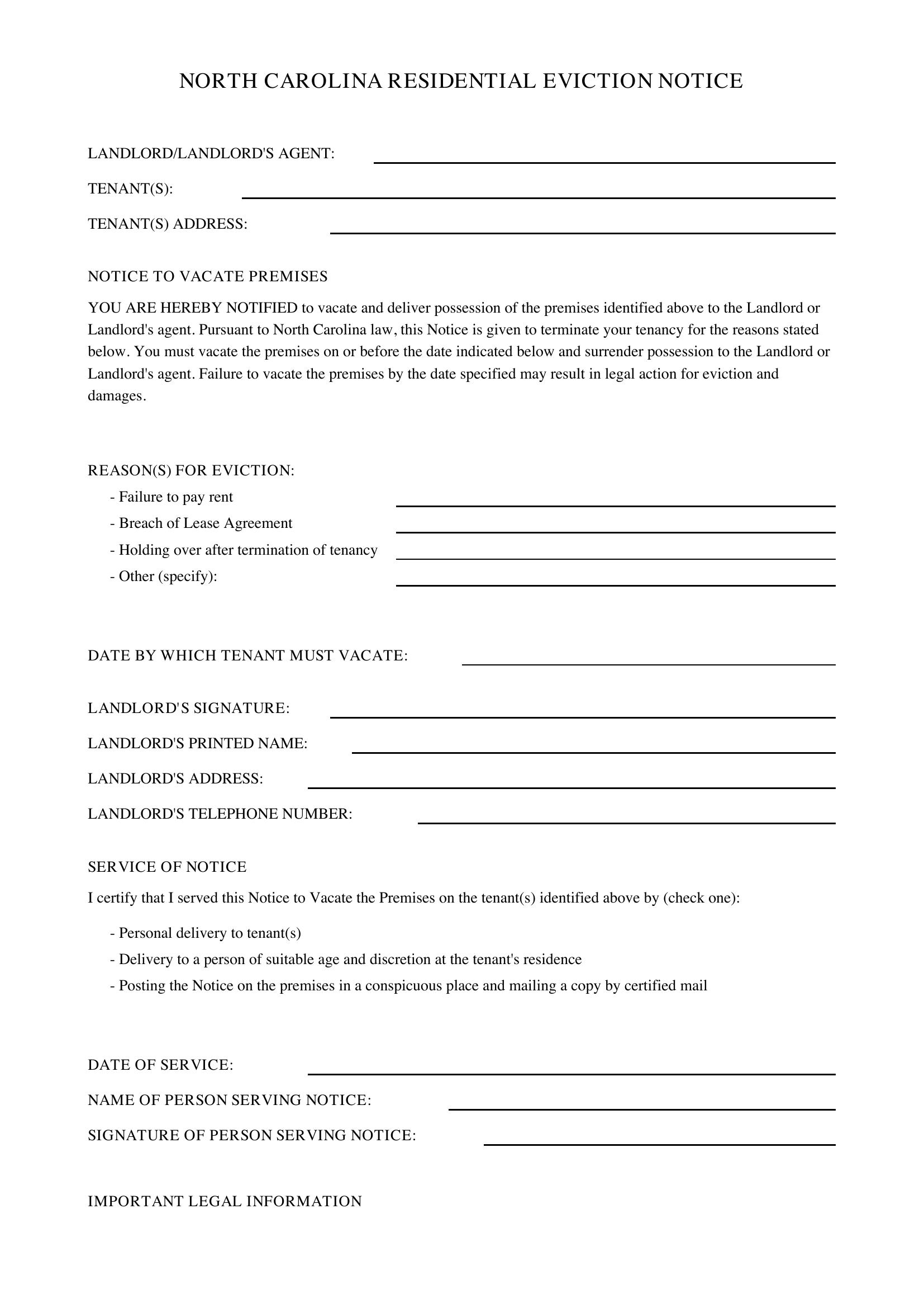 Nc Eviction Notice Template