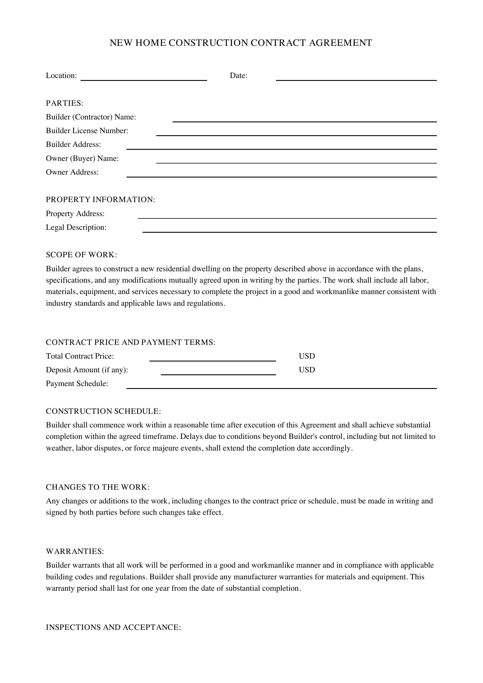 New Home Construction Contract Template