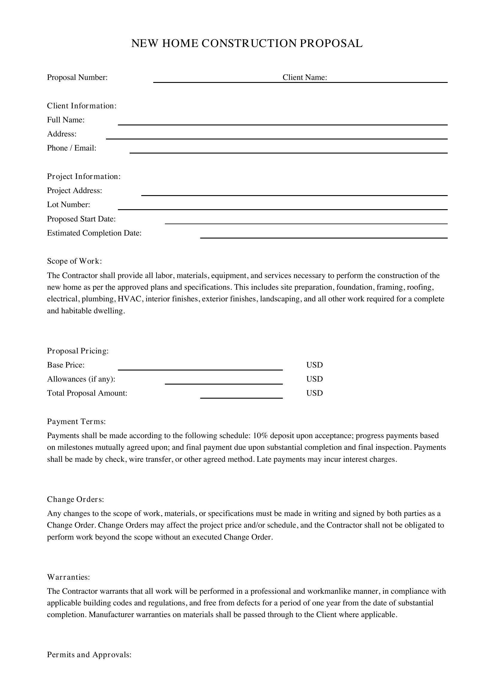 New Home Construction Proposal Template