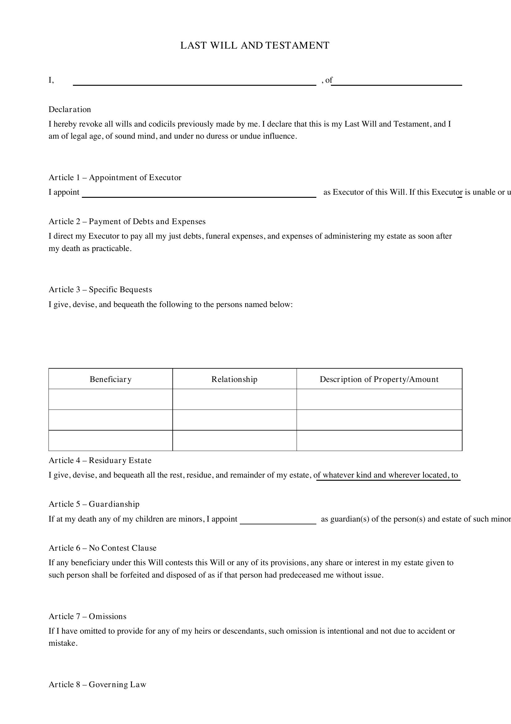 New Jersey Will Template