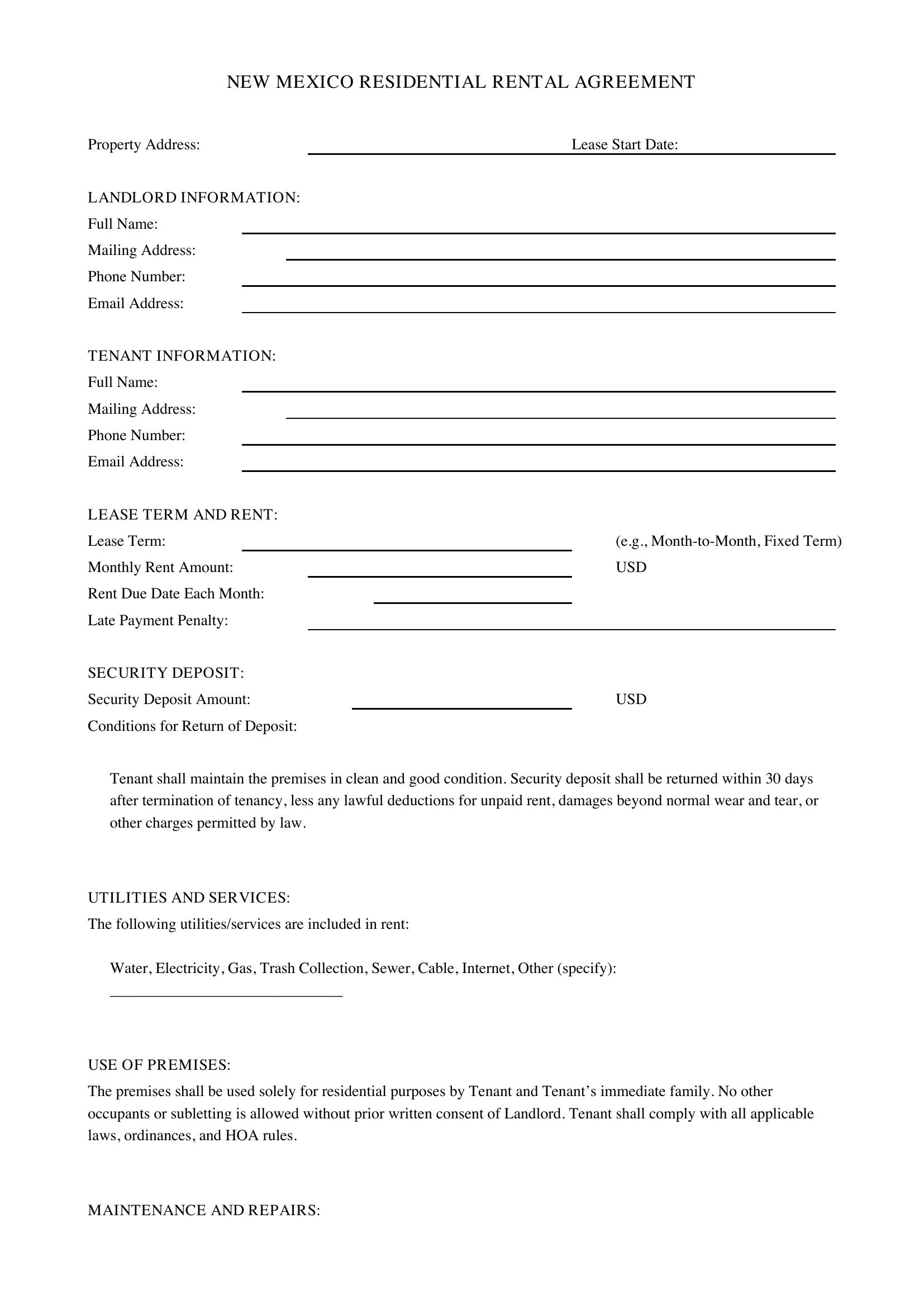 New Mexico Rental Agreement Template