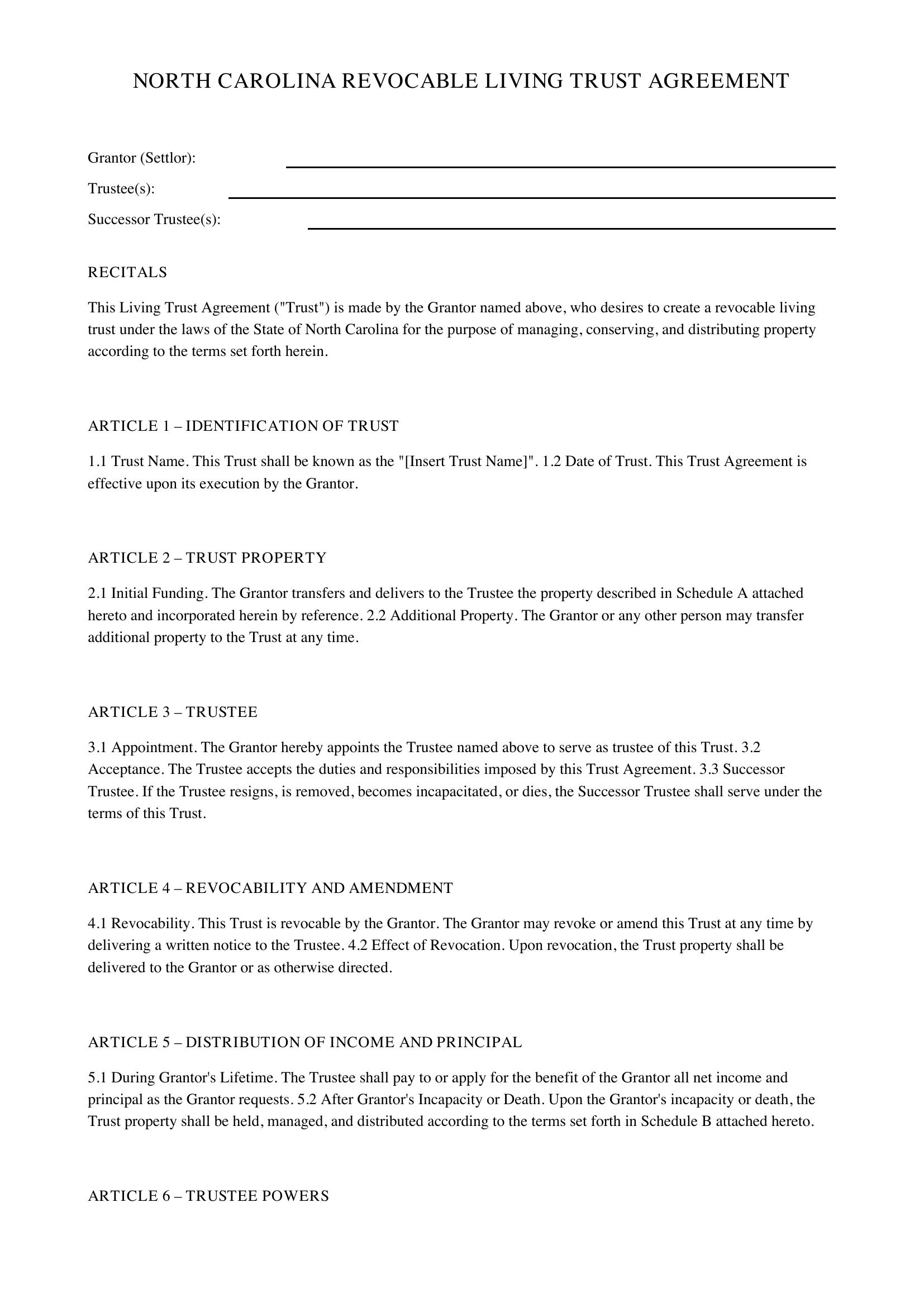 North Carolina Living Trust Template