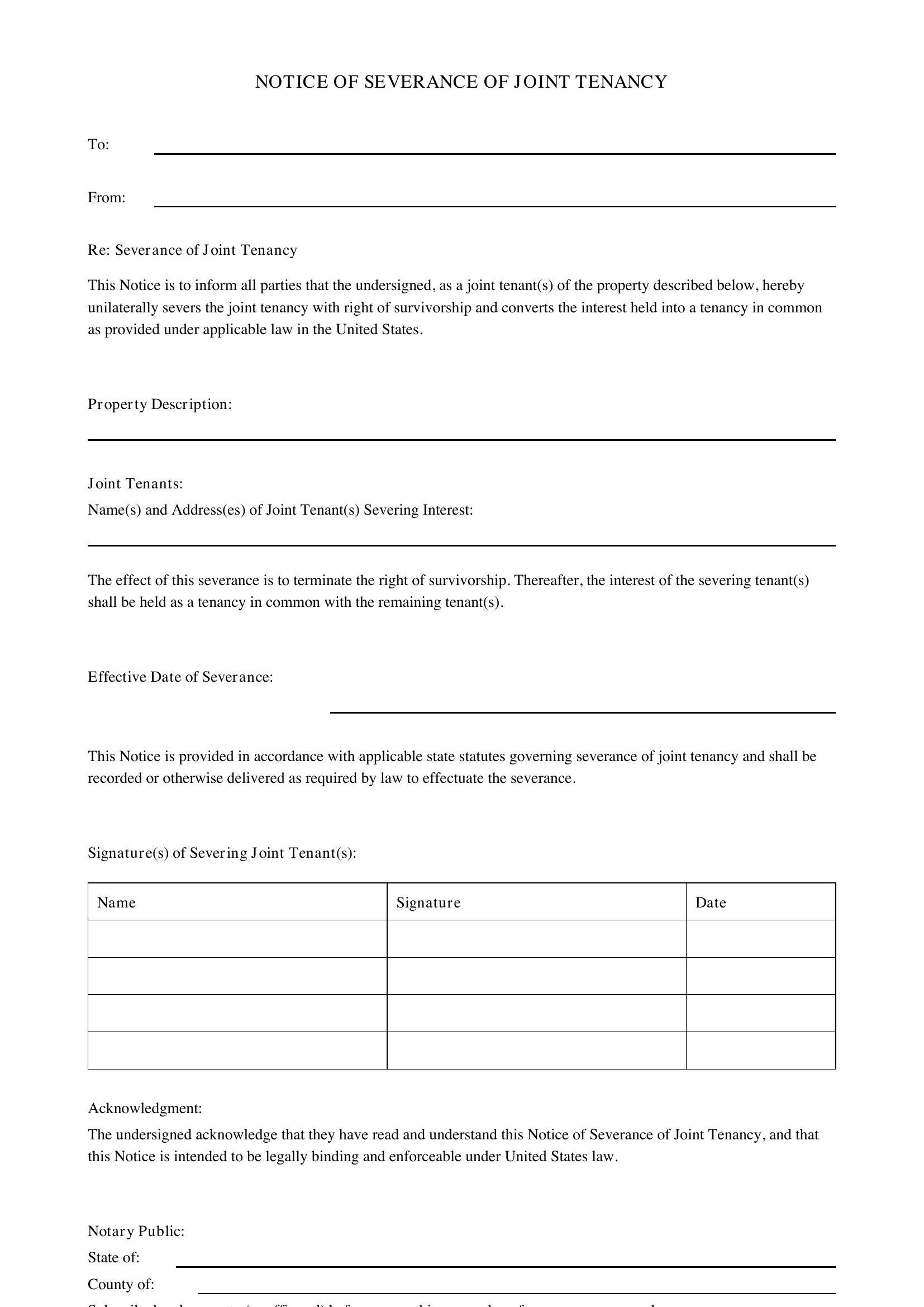 Notice Of Severance Of Joint Tenancy Template
