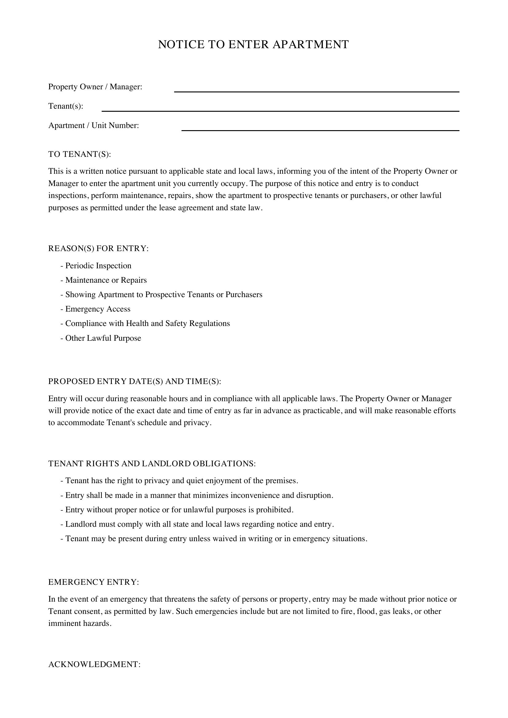 Notice To Enter Apartment Template