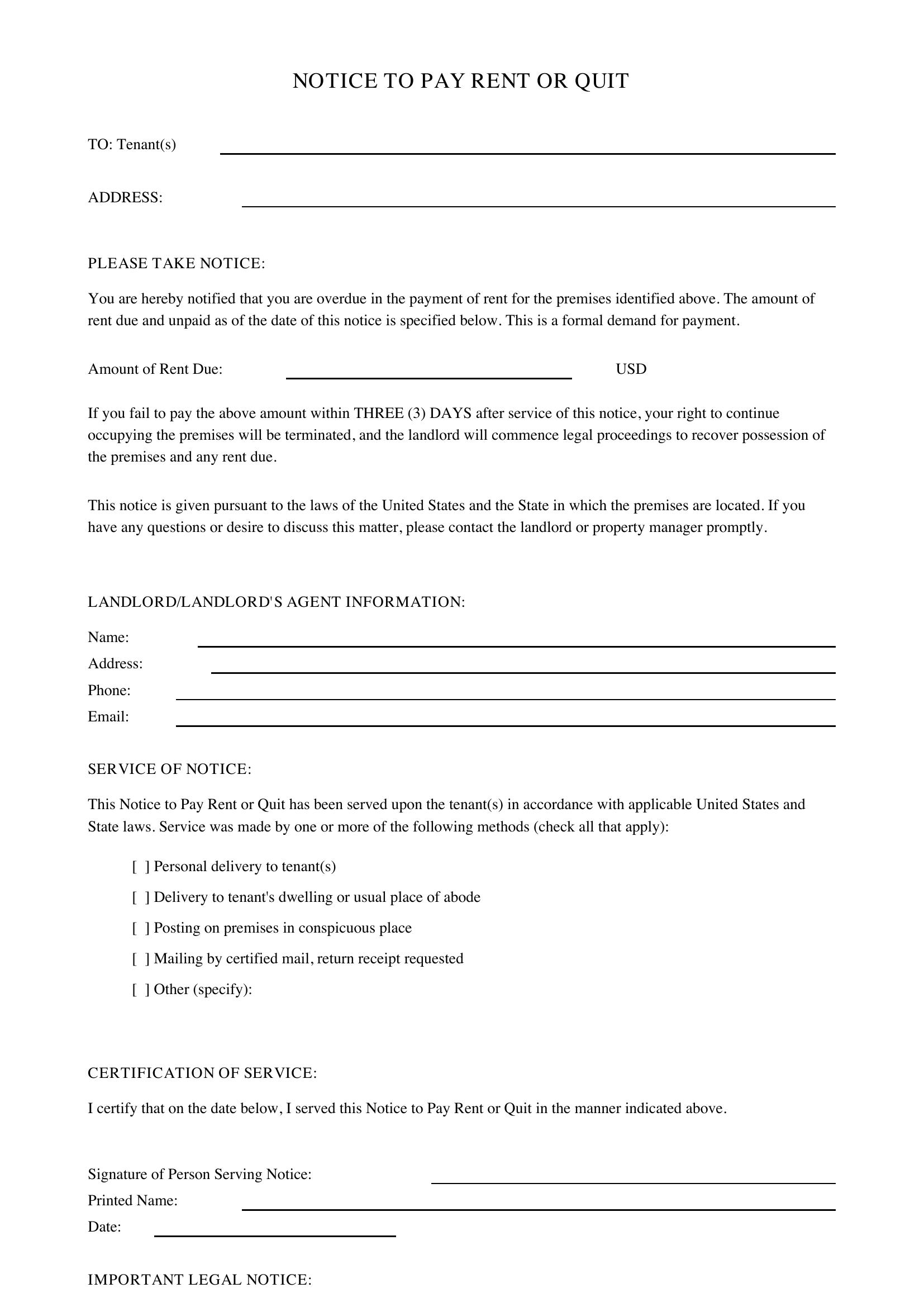 Notice To Pay Rent Or Quit Template