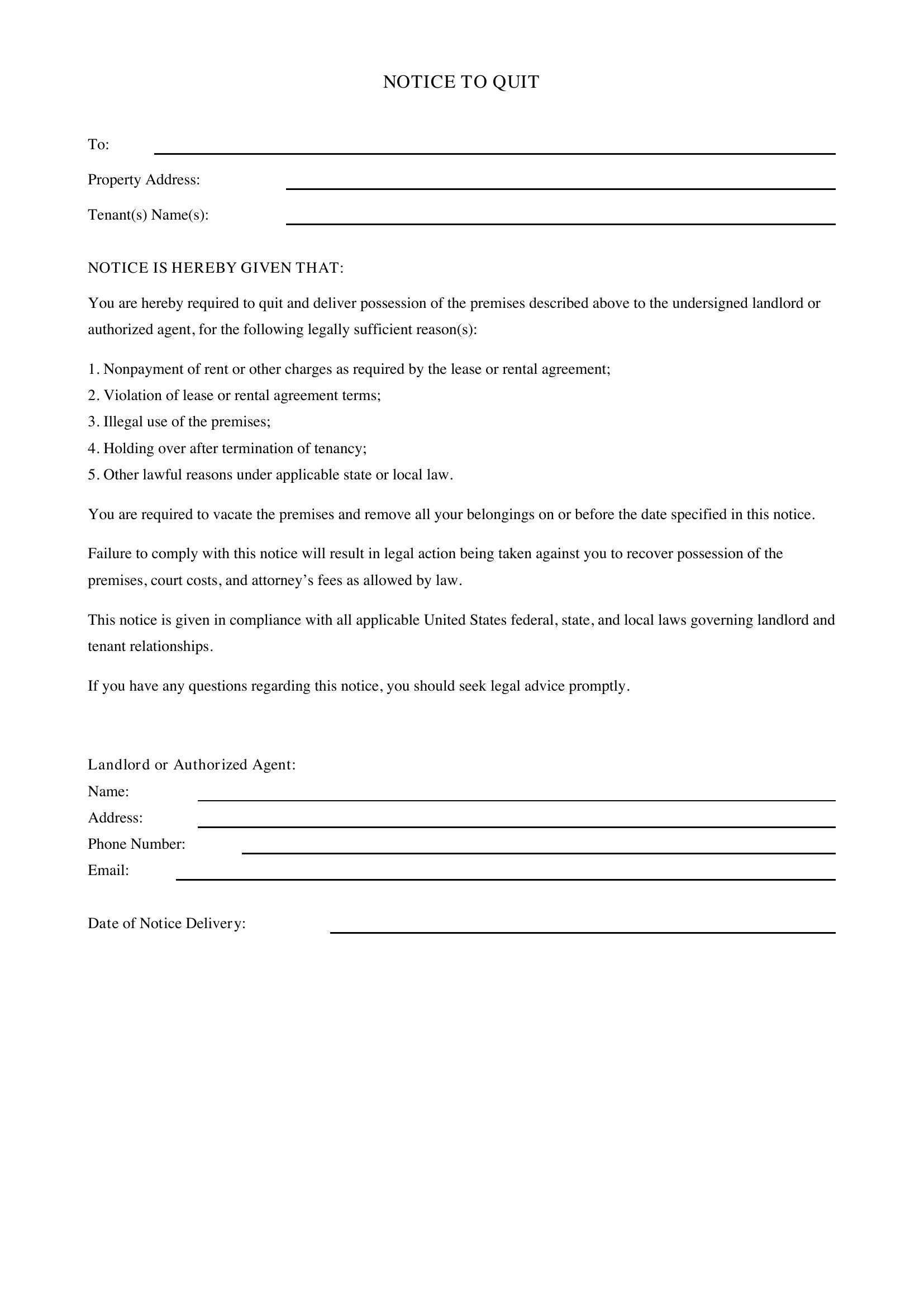 Notice To Quit Pa Template