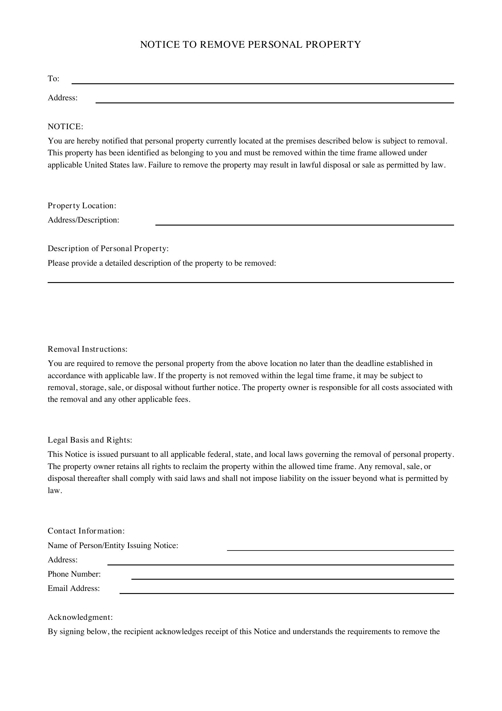 Notice To Remove Personal Property Template