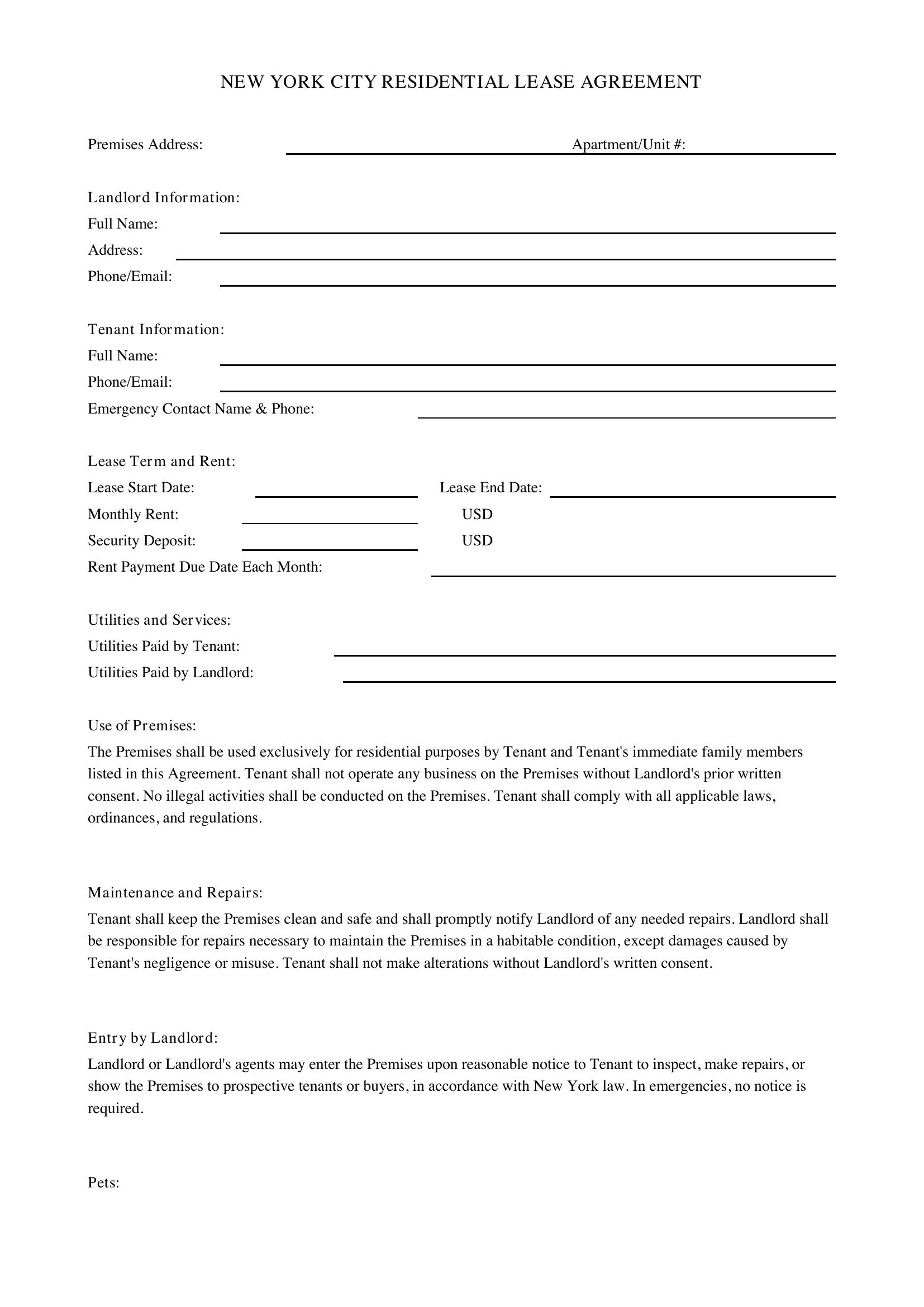 Nyc Apartment Lease Template