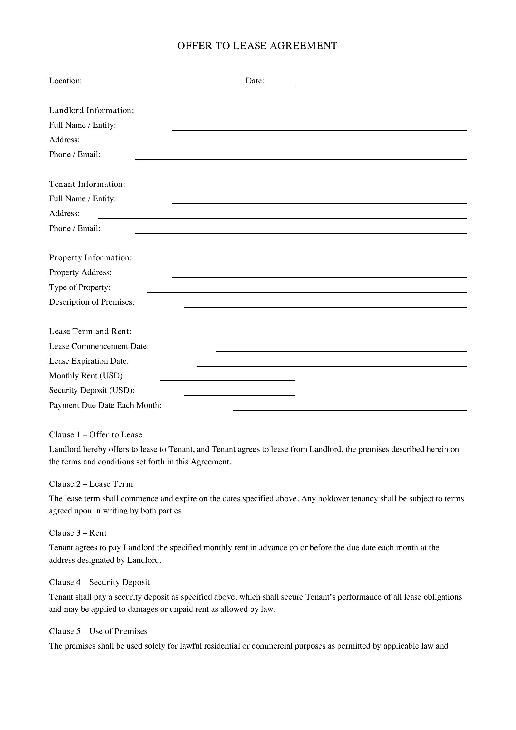 Offer To Lease Template
