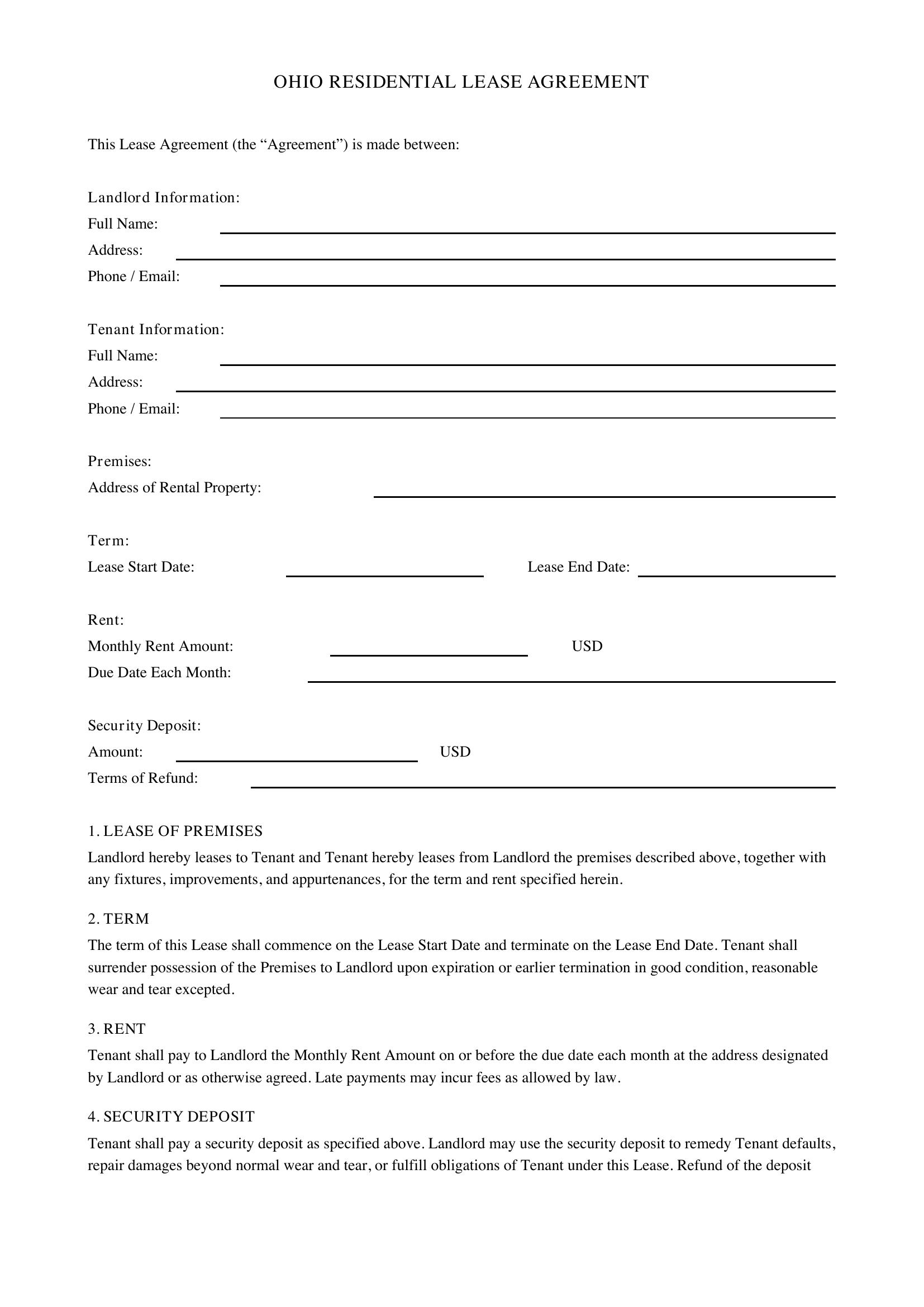 Ohio Lease Agreement Template