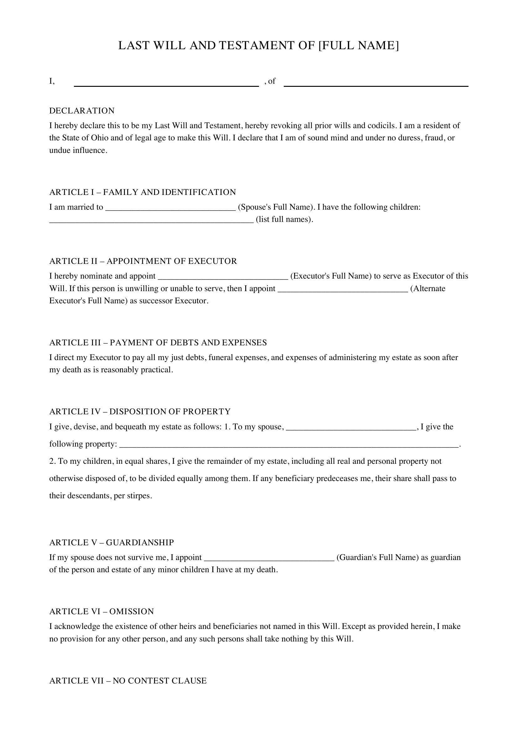 Ohio Will Template
