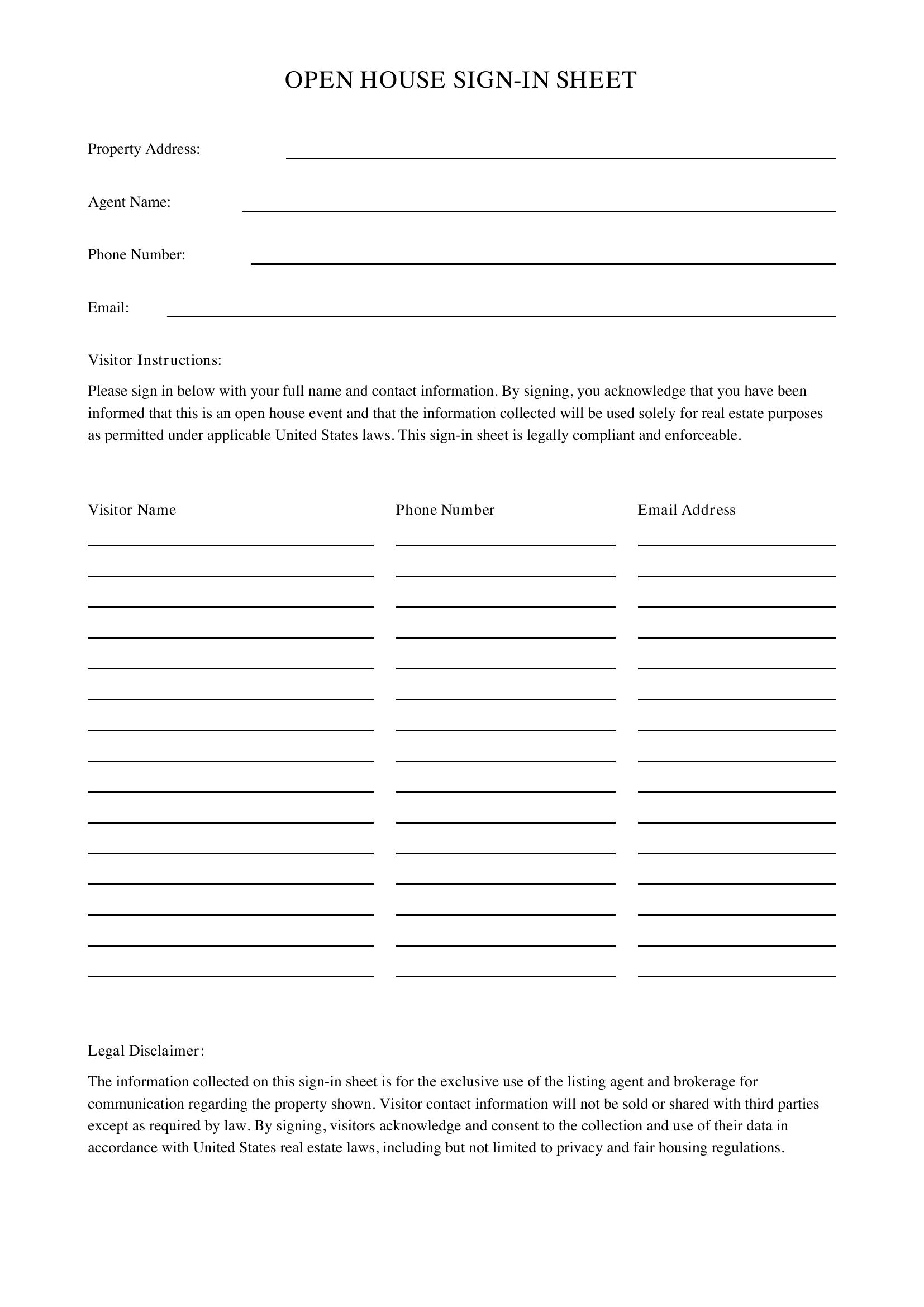Open House Sign In Template