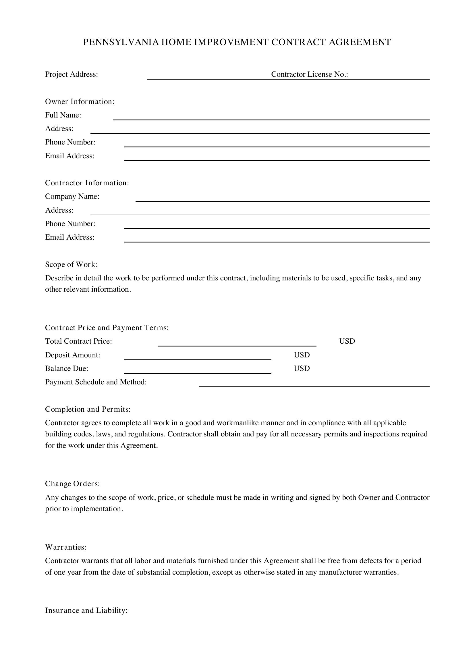 Pa Home Improvement Contract Template