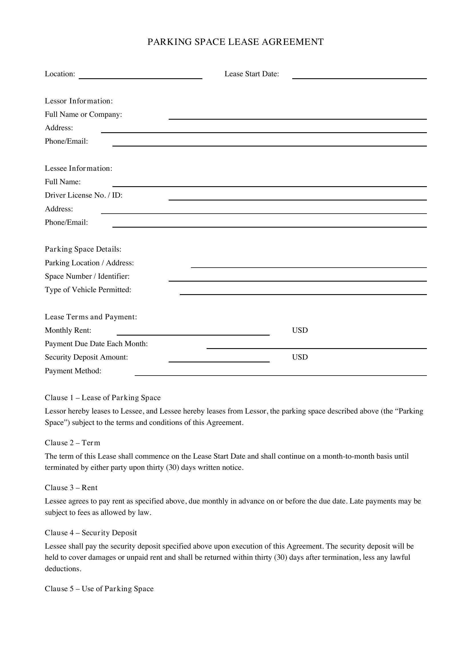 Parking Agreement Template