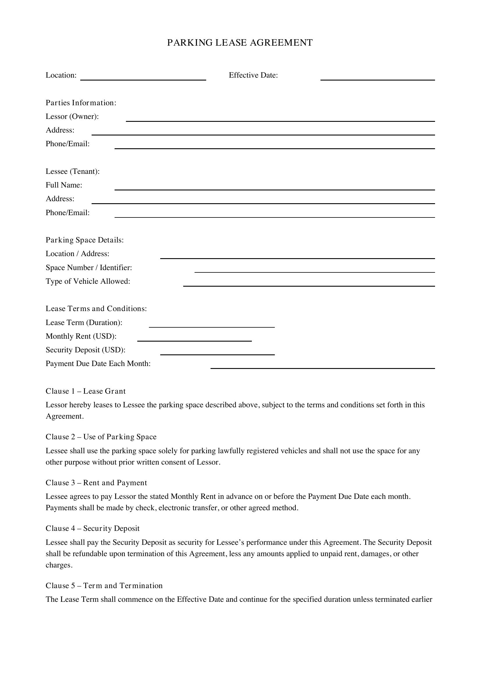 Parking Lease Agreement Template