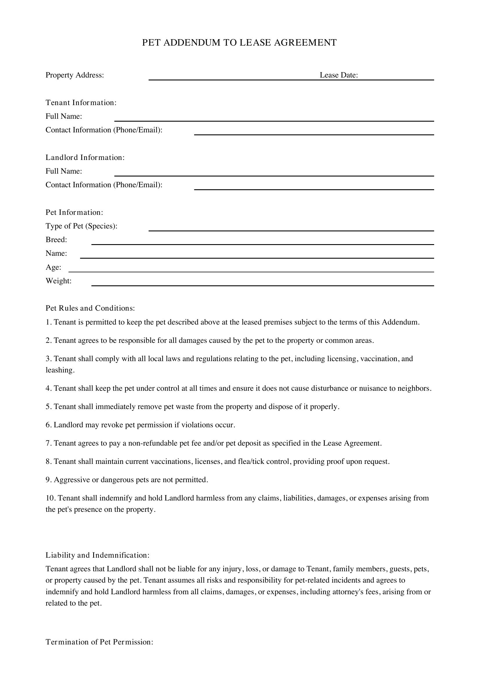 Pet Addendum To Lease Agreement Template