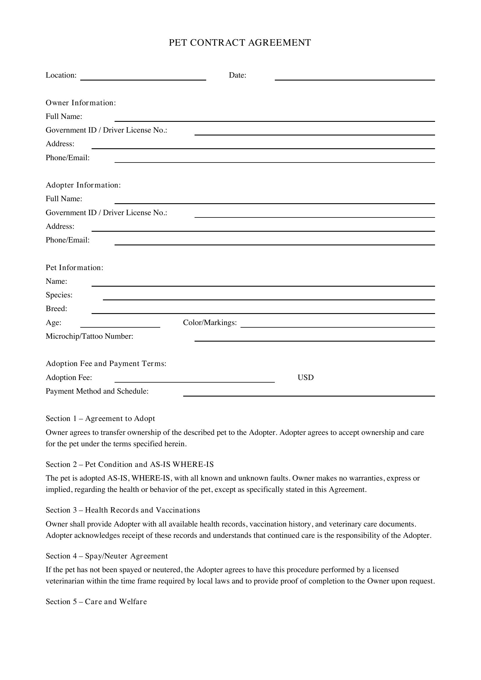 Pet Contract Template