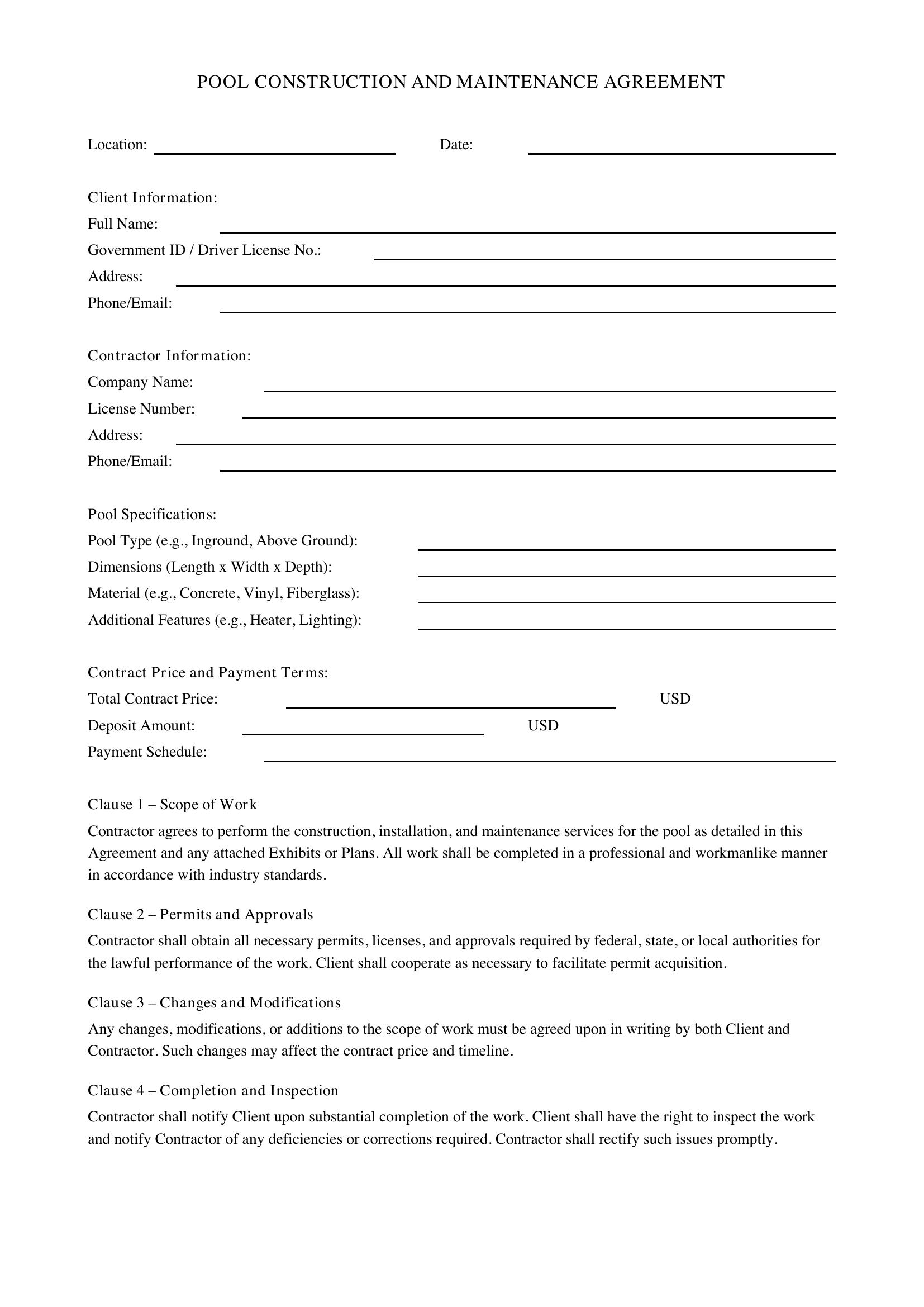 Pool Contract Template